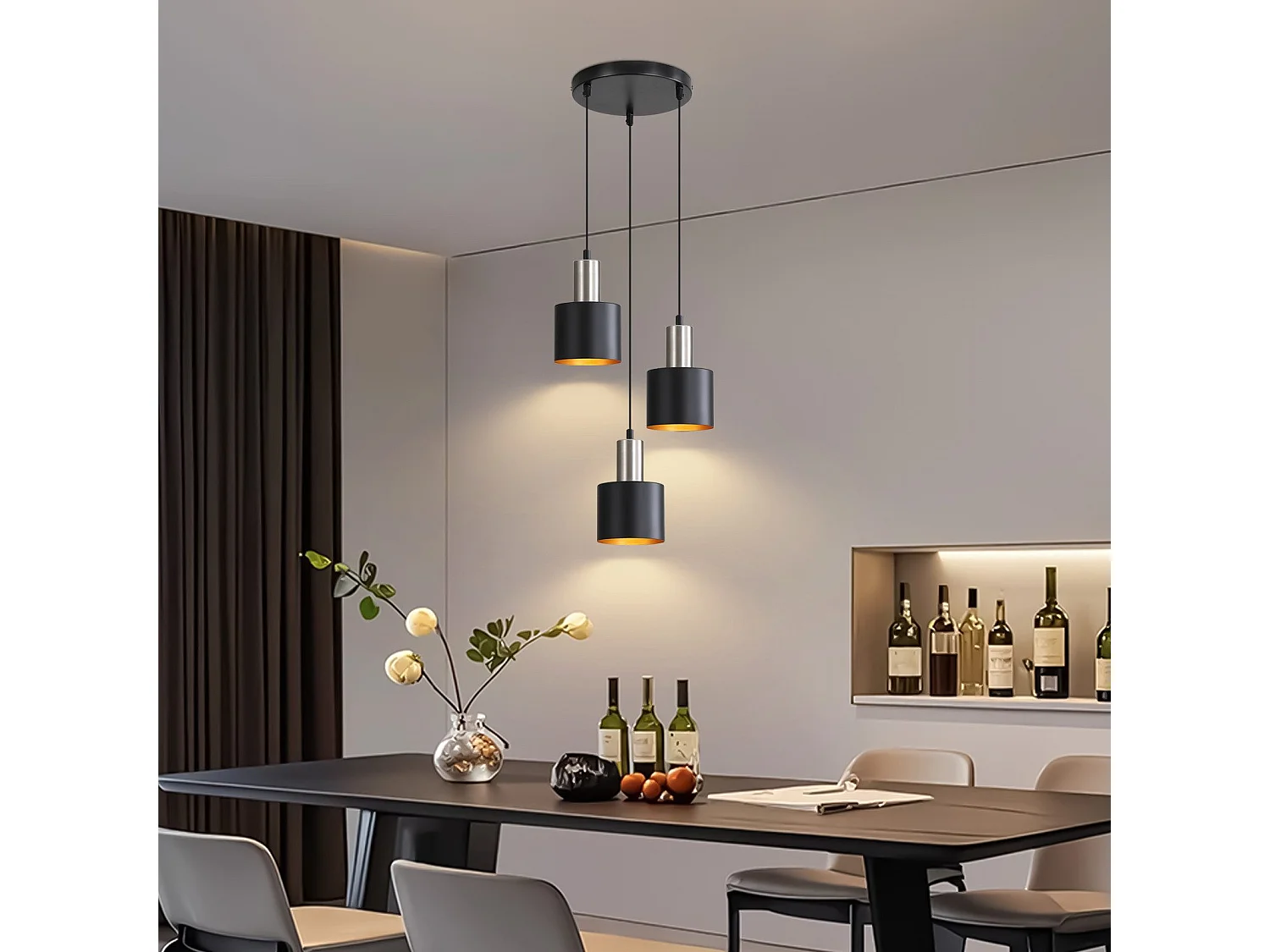 NETTLIFE Suspension table à manger E27 lampe suspendue vintage suspendue 3 ampoules noir or