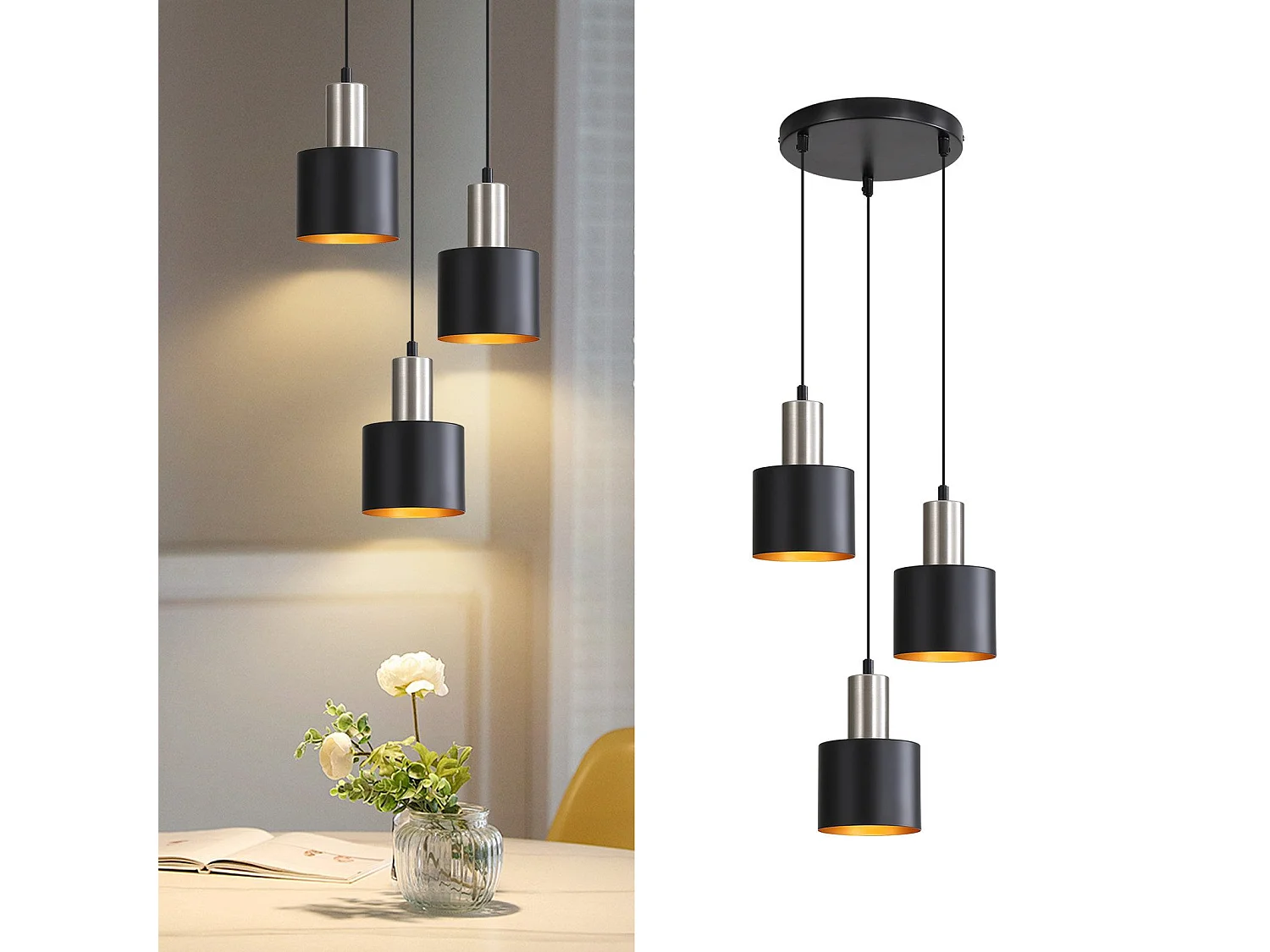 NETTLIFE Suspension table à manger E27 lampe suspendue vintage suspendue 3 ampoules noir or