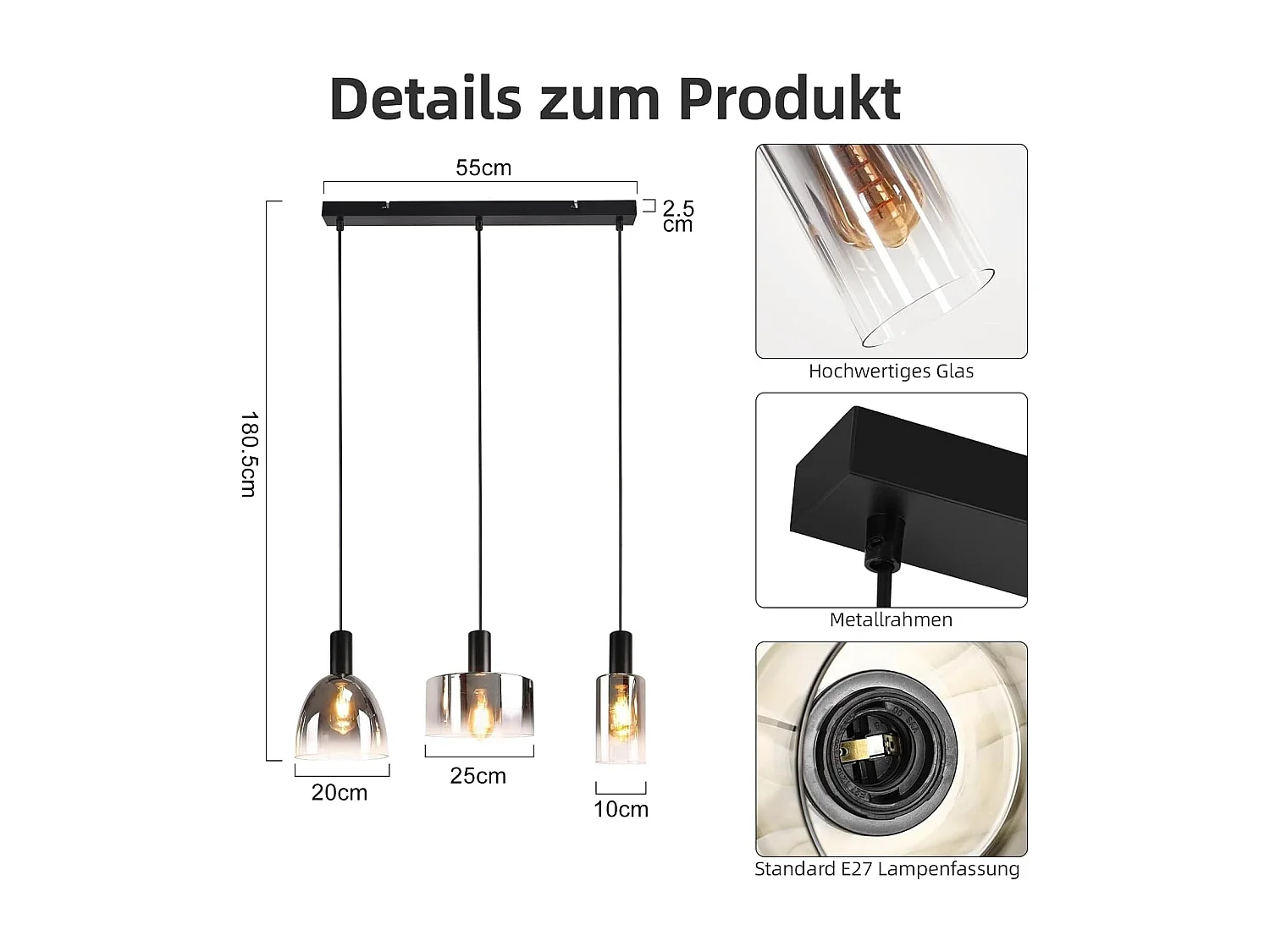 Lampe à Suspension Pour Table à Manger Vintage En Verre Gris Fumé E27 Réglable En Hauteur Pour Salon