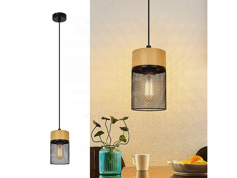 NETTLIFE Vintage Hängelampe Holzmaserung Esstisch Schwarz Industriell E27 25W Pendelleuchte