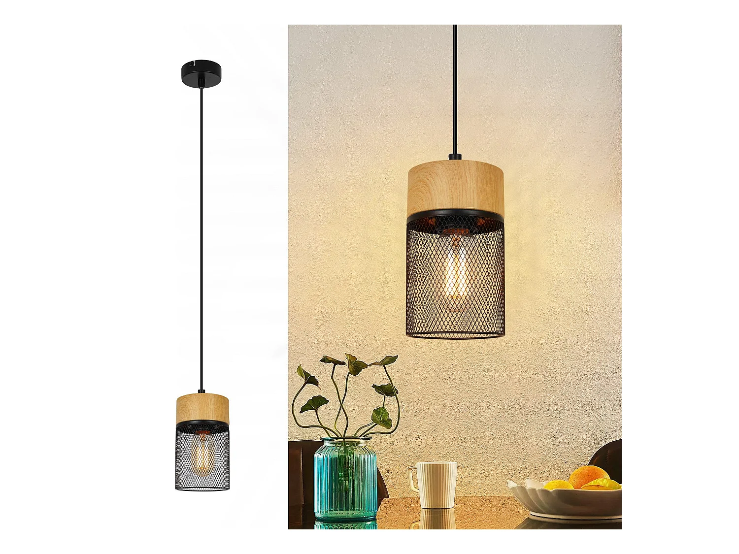 NETTLIFE Lampe à suspendre Vintage Bois veiné Table à manger Noir Industriel E27 25W Suspension