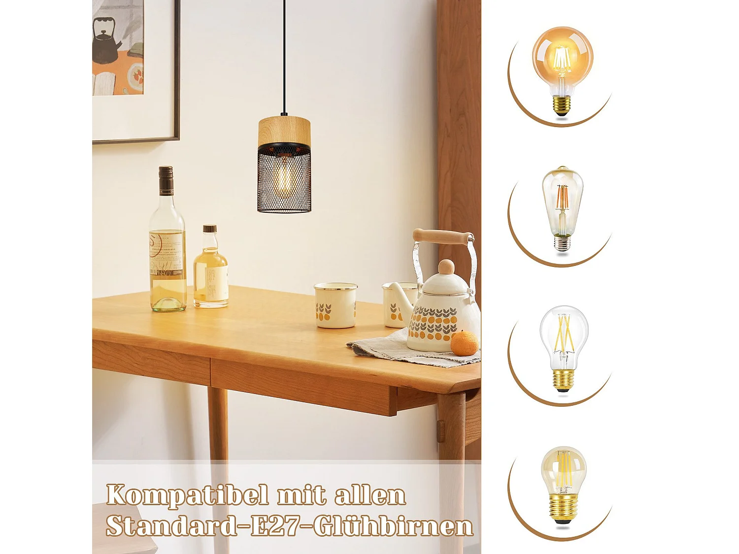 NETTLIFE Vintage Hanglamp Houtnerf Eettafel Zwart Industrieel E27 25W Hanglamp