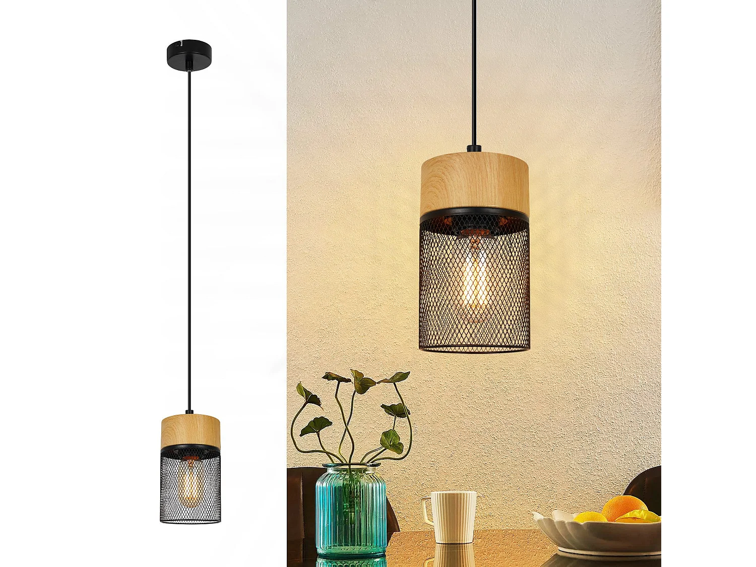 NETTLIFE Lampe à suspendre Vintage Bois veiné Table à manger Noir Industriel E27 25W Suspension