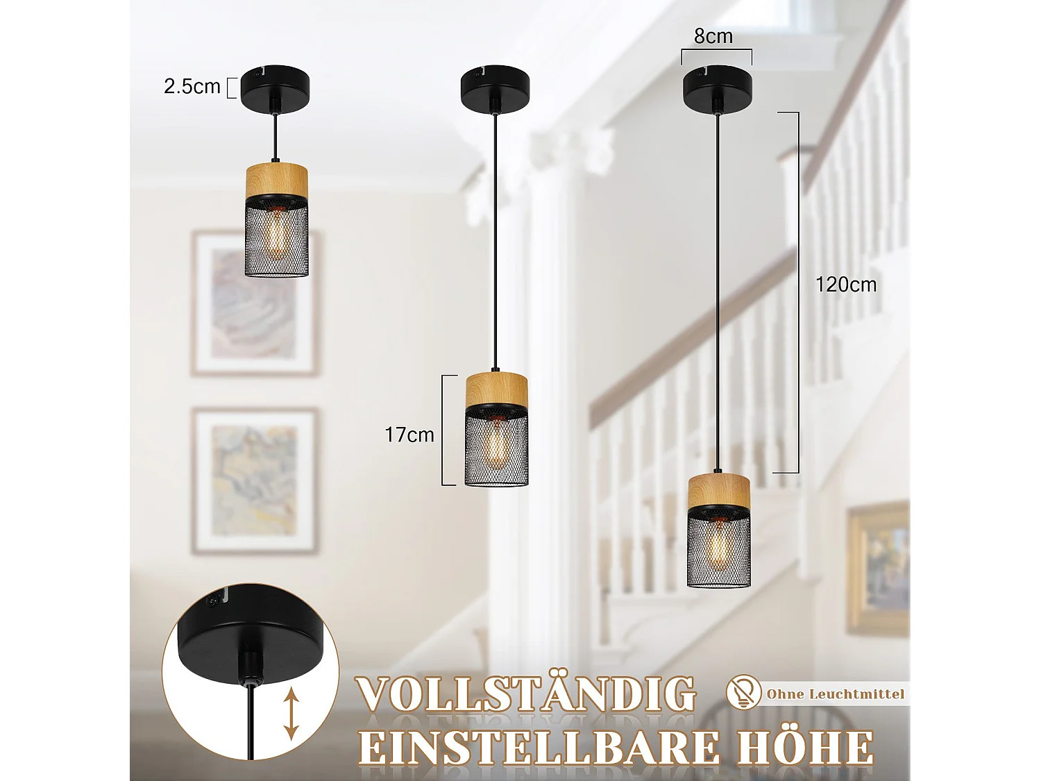 NETTLIFE Lampe à suspendre Vintage Bois veiné Table à manger Noir Industriel E27 25W Suspension