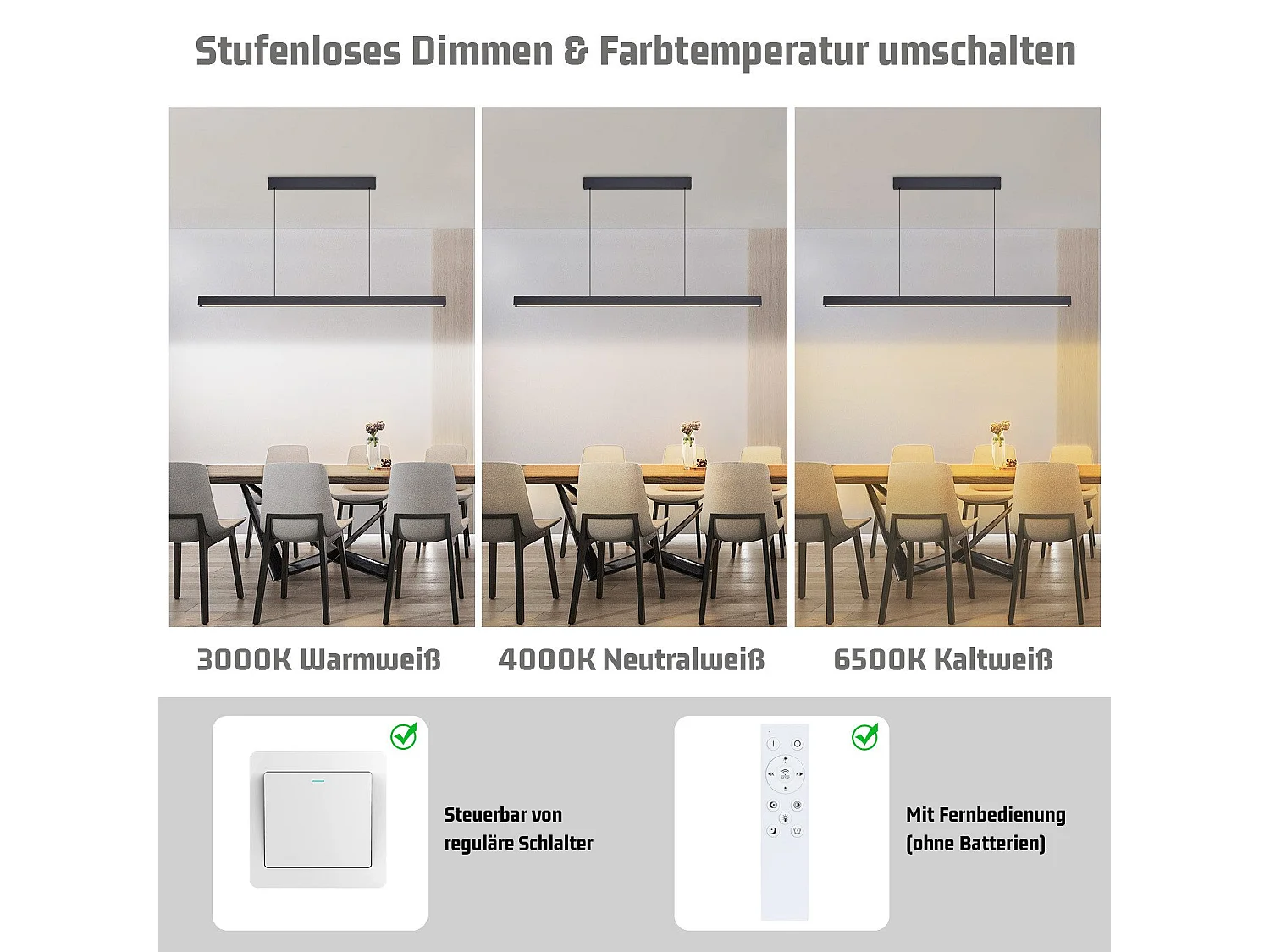 NETTLIFE Suspension LED Salle à manger Noir Linéaire Dimmable avec Télécommande 108CM 37W Moderne CCT