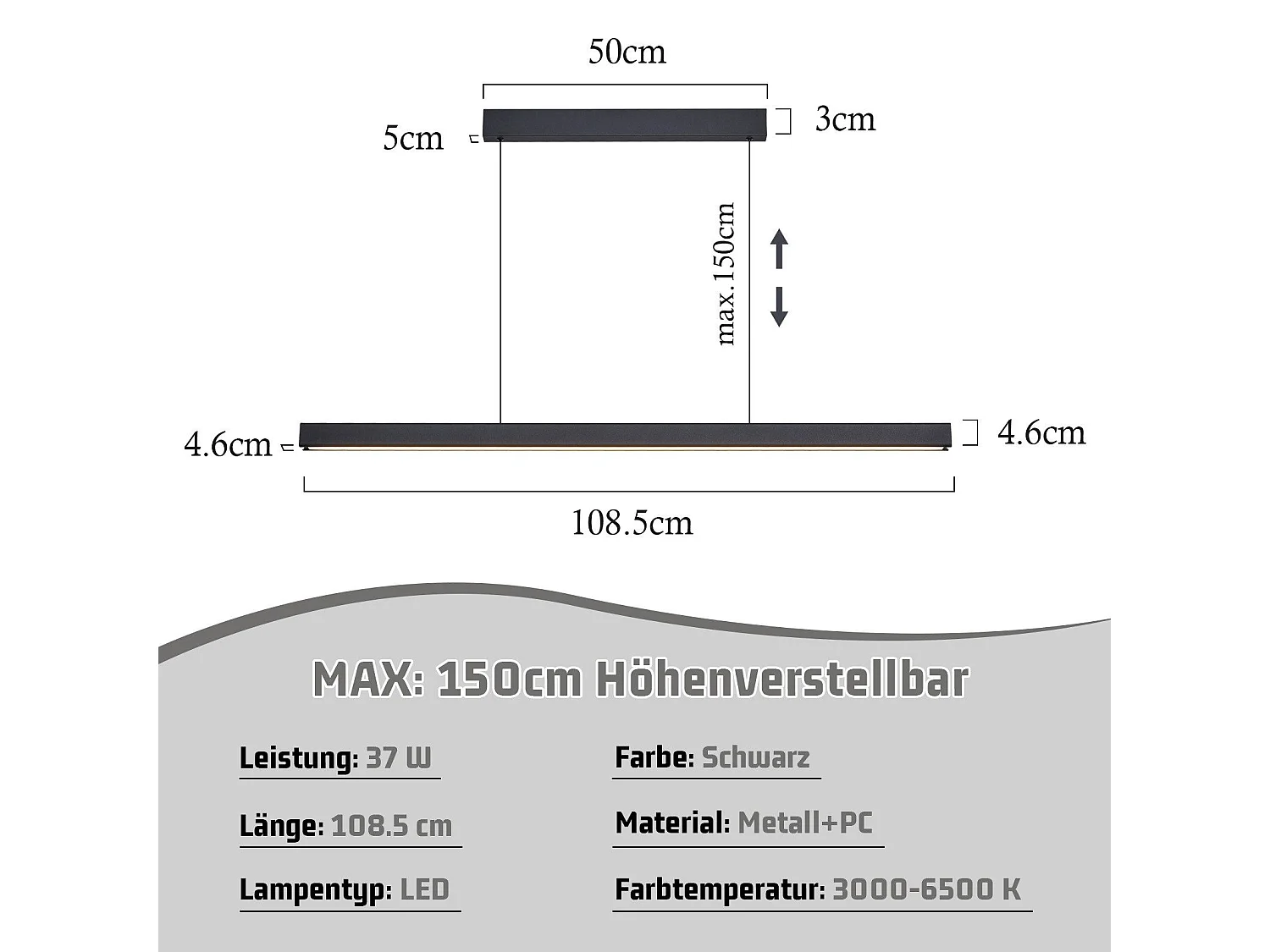 NETTLIFE Suspension LED Salle à manger Noir Linéaire Dimmable avec Télécommande 108CM 37W Moderne CCT