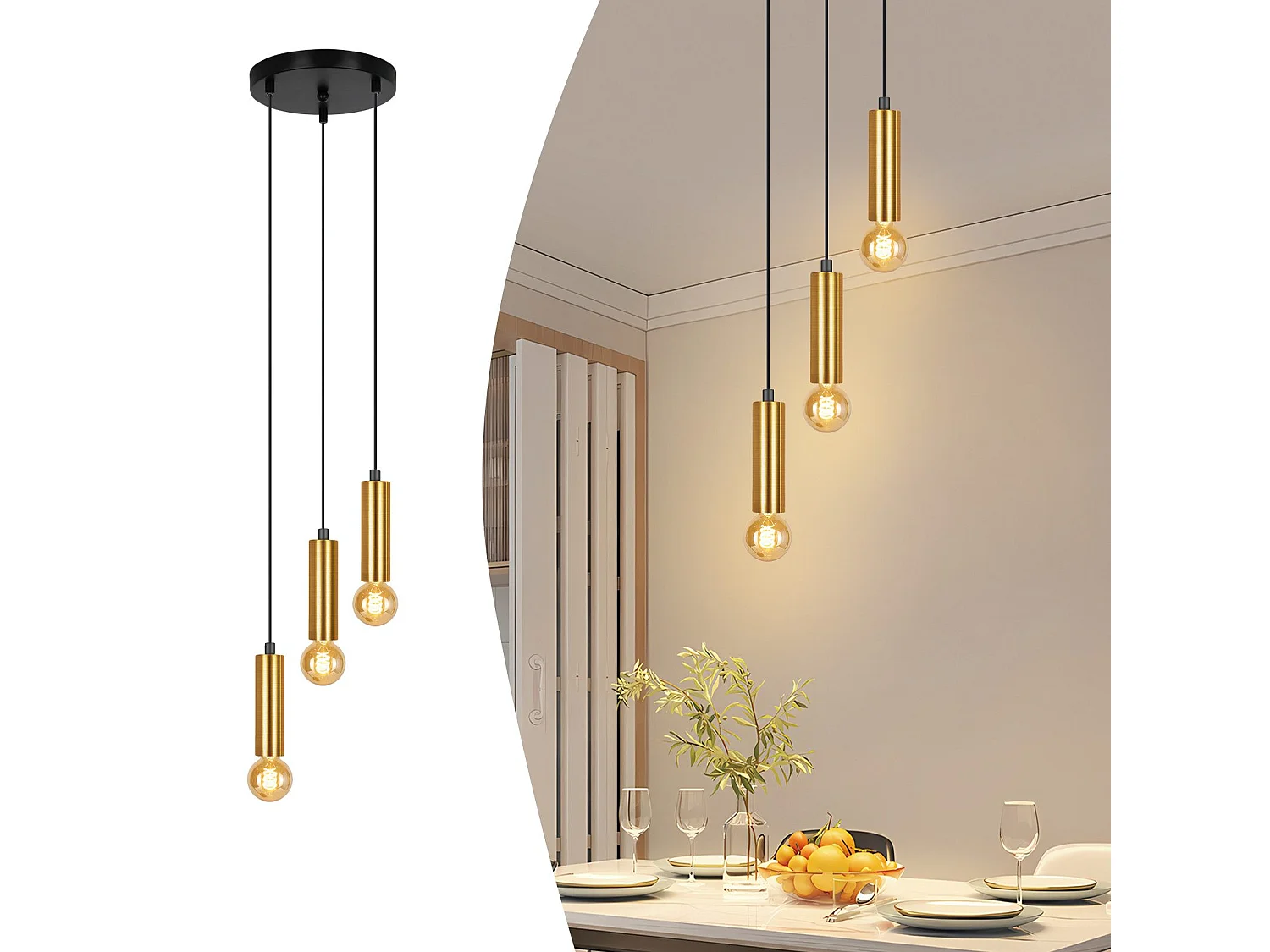 NETTLIFE Lampe suspendue 3 ampoules suspension dorée E27 lampe de salle à manger industrielle table à manger en métal