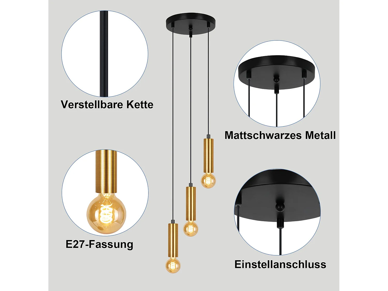 NETTLIFE Lampe suspendue 3 ampoules suspension dorée E27 lampe de salle à manger industrielle table à manger en métal
