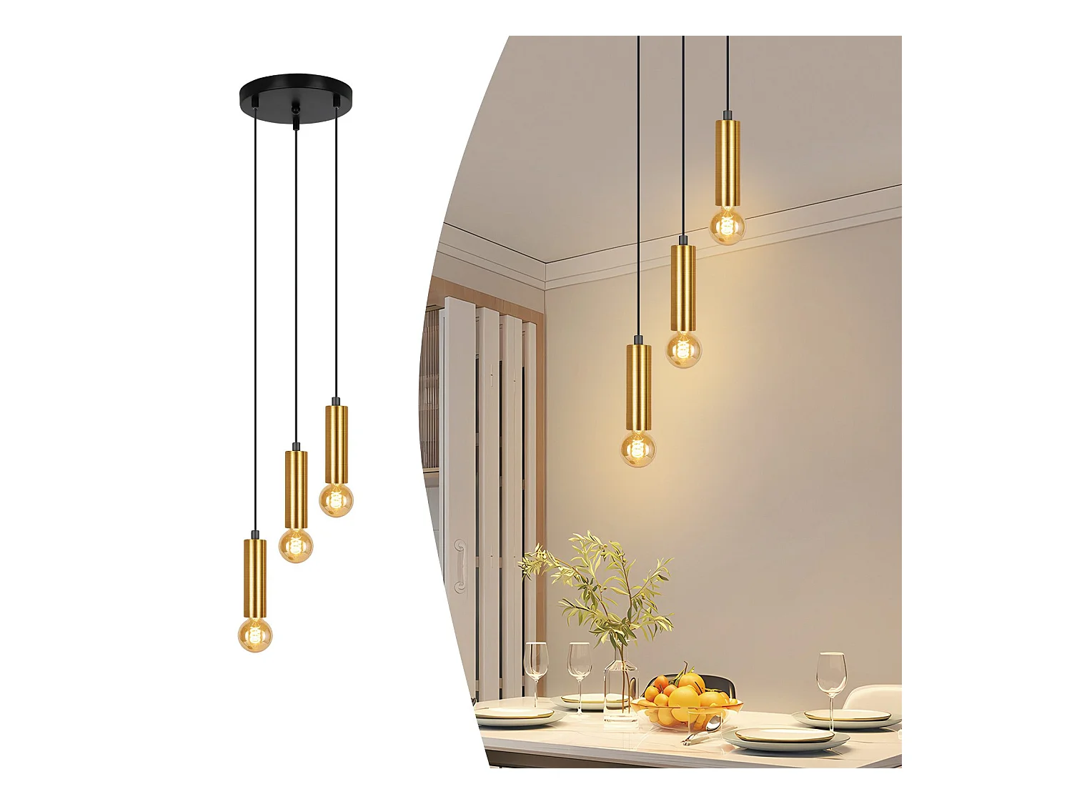 NETTLIFE Lampe suspendue 3 ampoules suspension dorée E27 lampe de salle à manger industrielle table à manger en métal