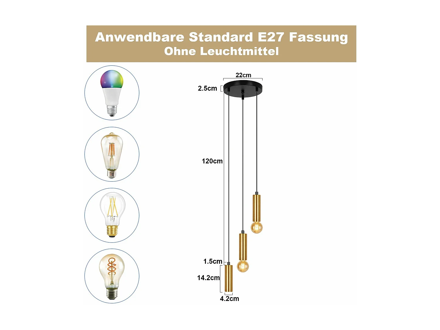 NETTLIFE Lampe suspendue 3 ampoules suspension dorée E27 lampe de salle à manger industrielle table à manger en métal