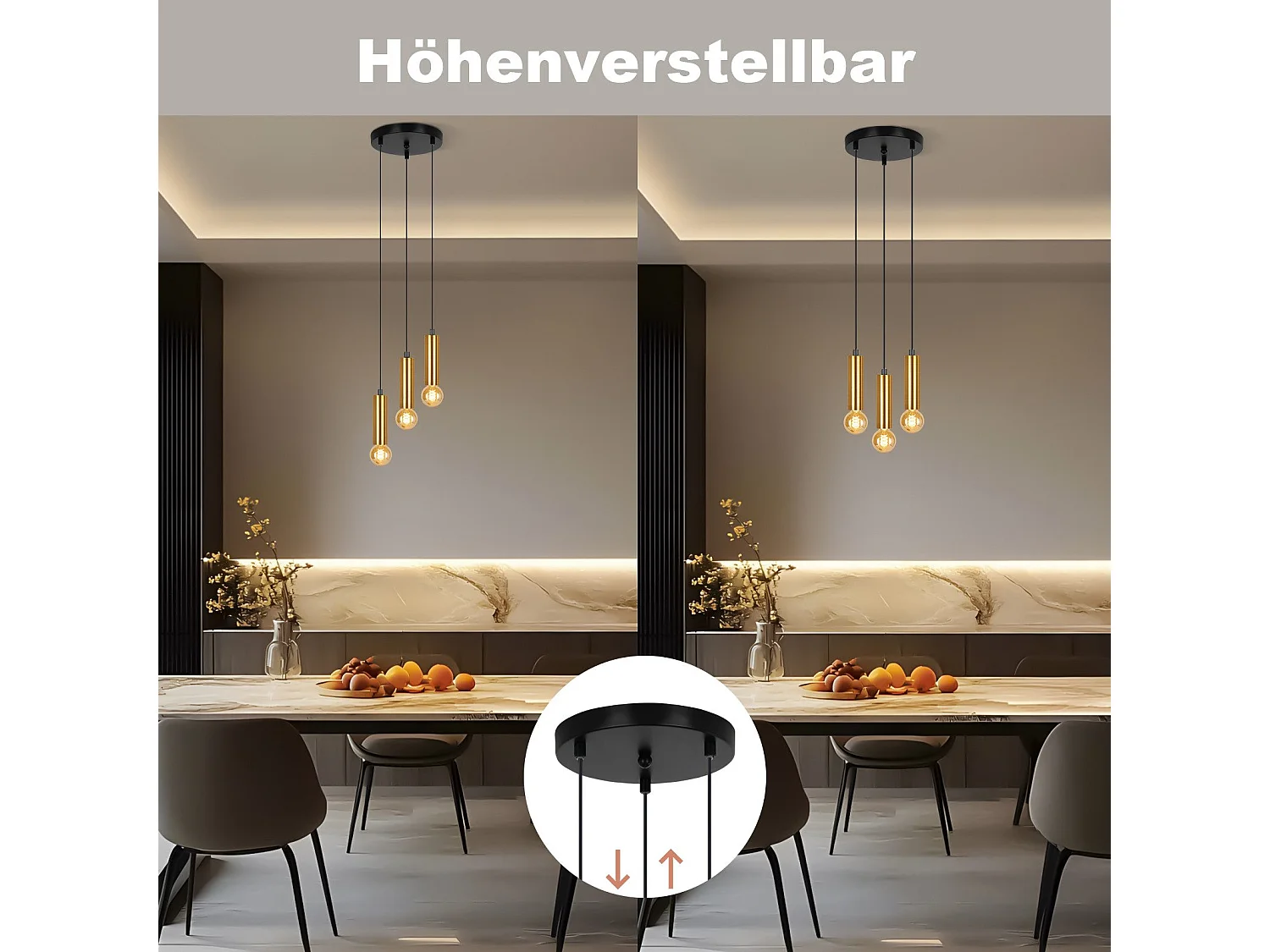 NETTLIFE Lampe suspendue 3 ampoules suspension dorée E27 lampe de salle à manger industrielle table à manger en métal