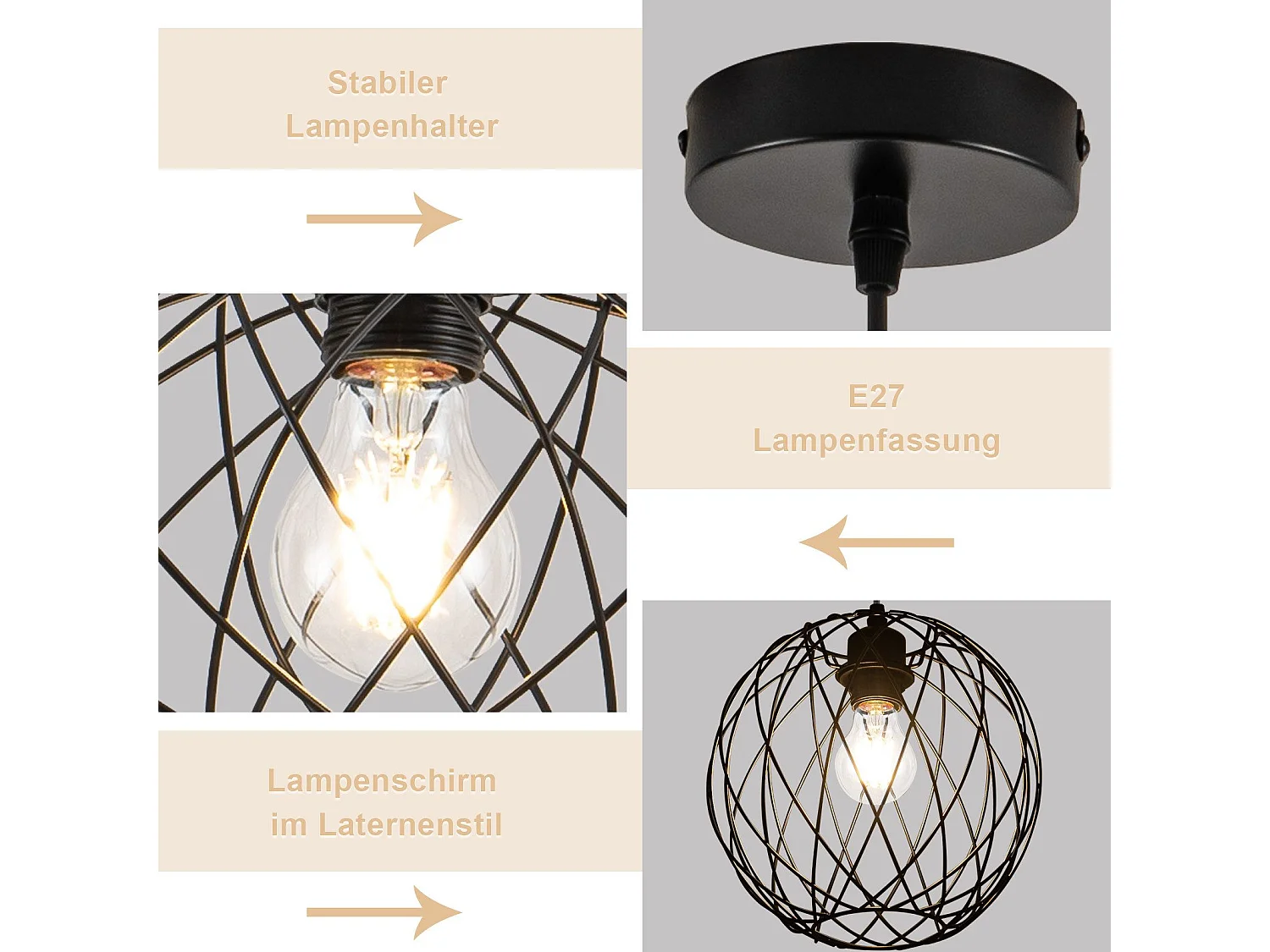 NETTLIFE Ronde Zwarte Hanglamp - Vintage Hanglamp E27 Industriële Retro Hanglamp Tafellamp