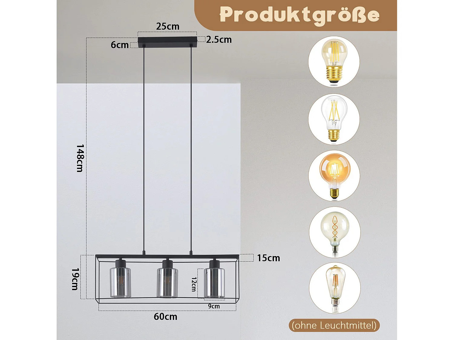 NETTLIFE Lampe à suspension noire 3 flammes en verre vintage E27 lampe à suspension réglable en hauteur