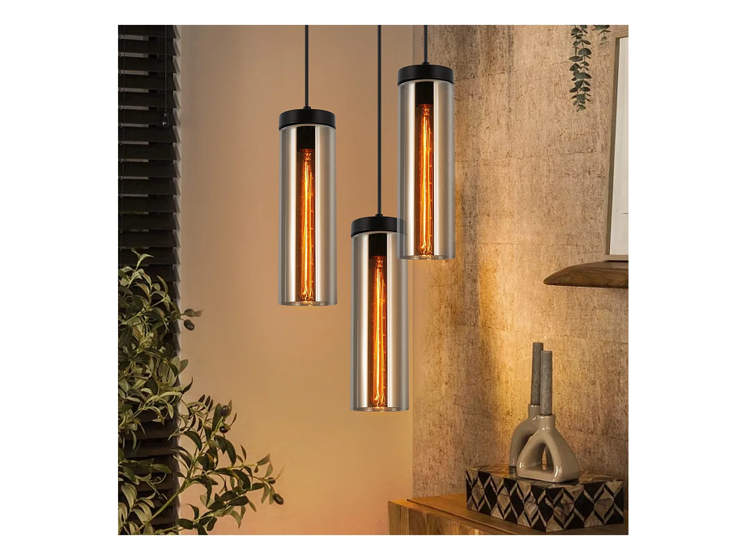 Lampe à Suspension Pour Table à Manger En Verre Noir Mat Rétro 3 Flammes E27