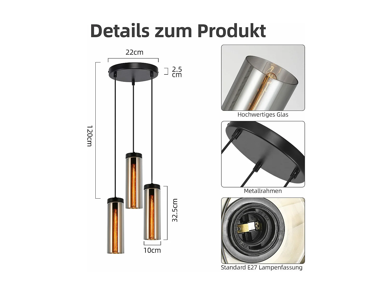 Lampe à Suspension Pour Table à Manger En Verre Noir Mat Rétro 3 Flammes E27