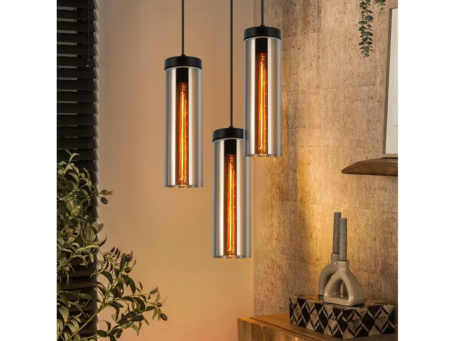 Lampe à Suspension Pour Table à Manger En Verre Noir Mat Rétro 3 Flammes E27