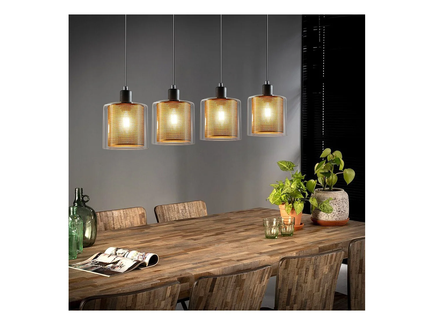 NETTLIFE Złota lampa wisząca do salonu, lampa wisząca vintage, 3 żarówki E14, szkło industrialne, REGULOWANA WYSOKOŚĆ