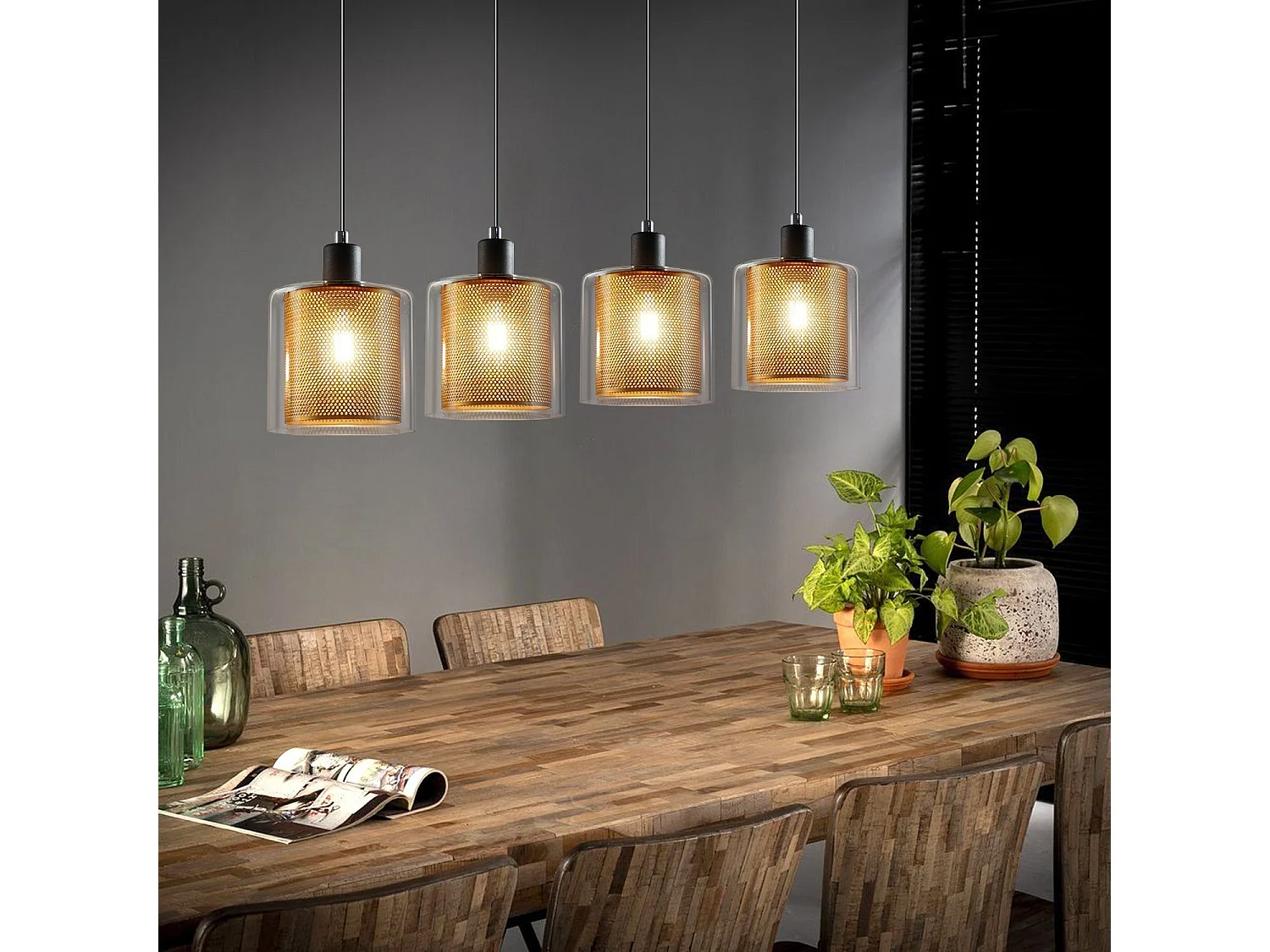 NETTLIFE Suspension salon doré lampe suspendue vintage 3 ampoules E14 verre industriel HAUTEUR RÉGLABLE