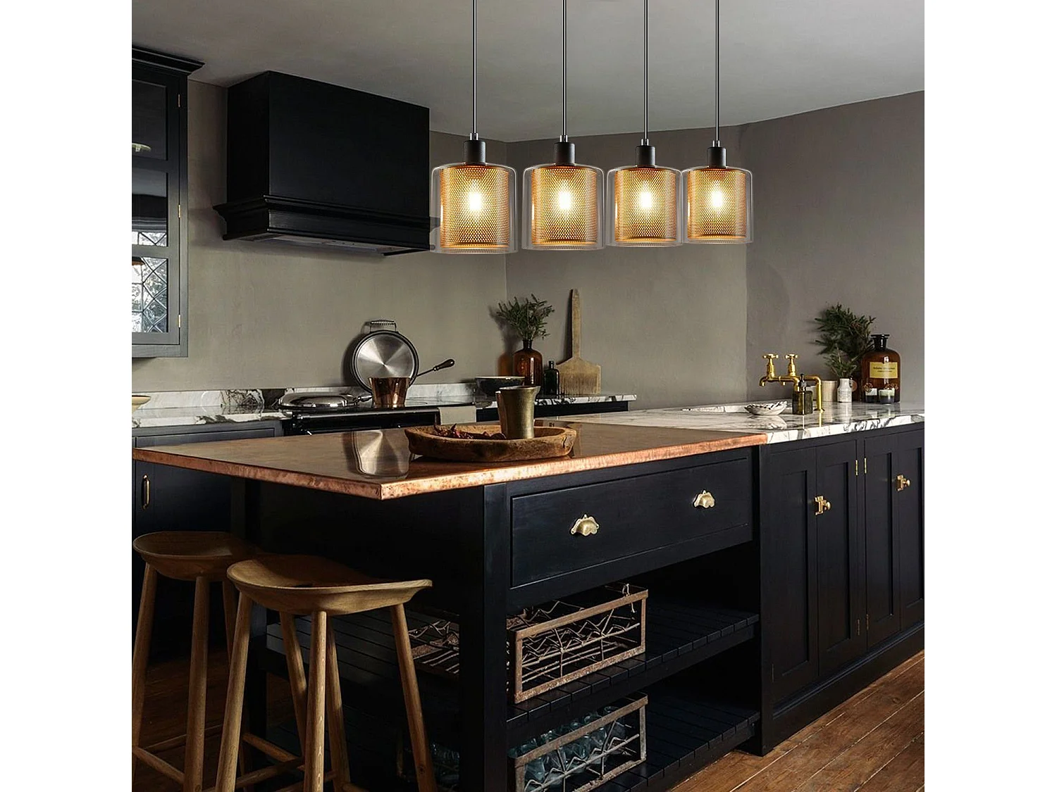 NETTLIFE Suspension salon doré lampe suspendue vintage 3 ampoules E14 verre industriel HAUTEUR RÉGLABLE