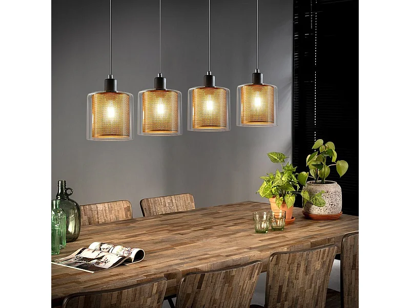 NETTLIFE Suspension salon doré lampe suspendue vintage 3 ampoules E14 verre industriel HAUTEUR RÉGLABLE