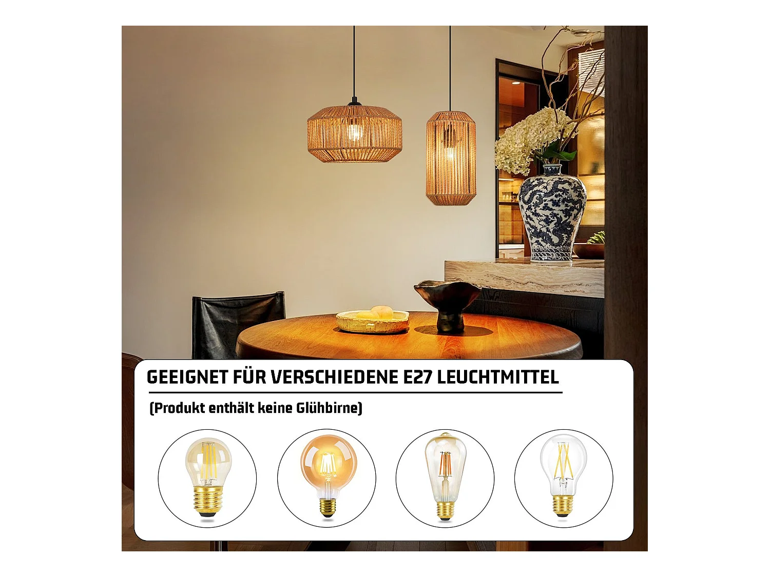 NETTLIFE Suspension table à manger vintage 1 ampoule corde de chanvre lanterne design E27 lampe de salle à manger