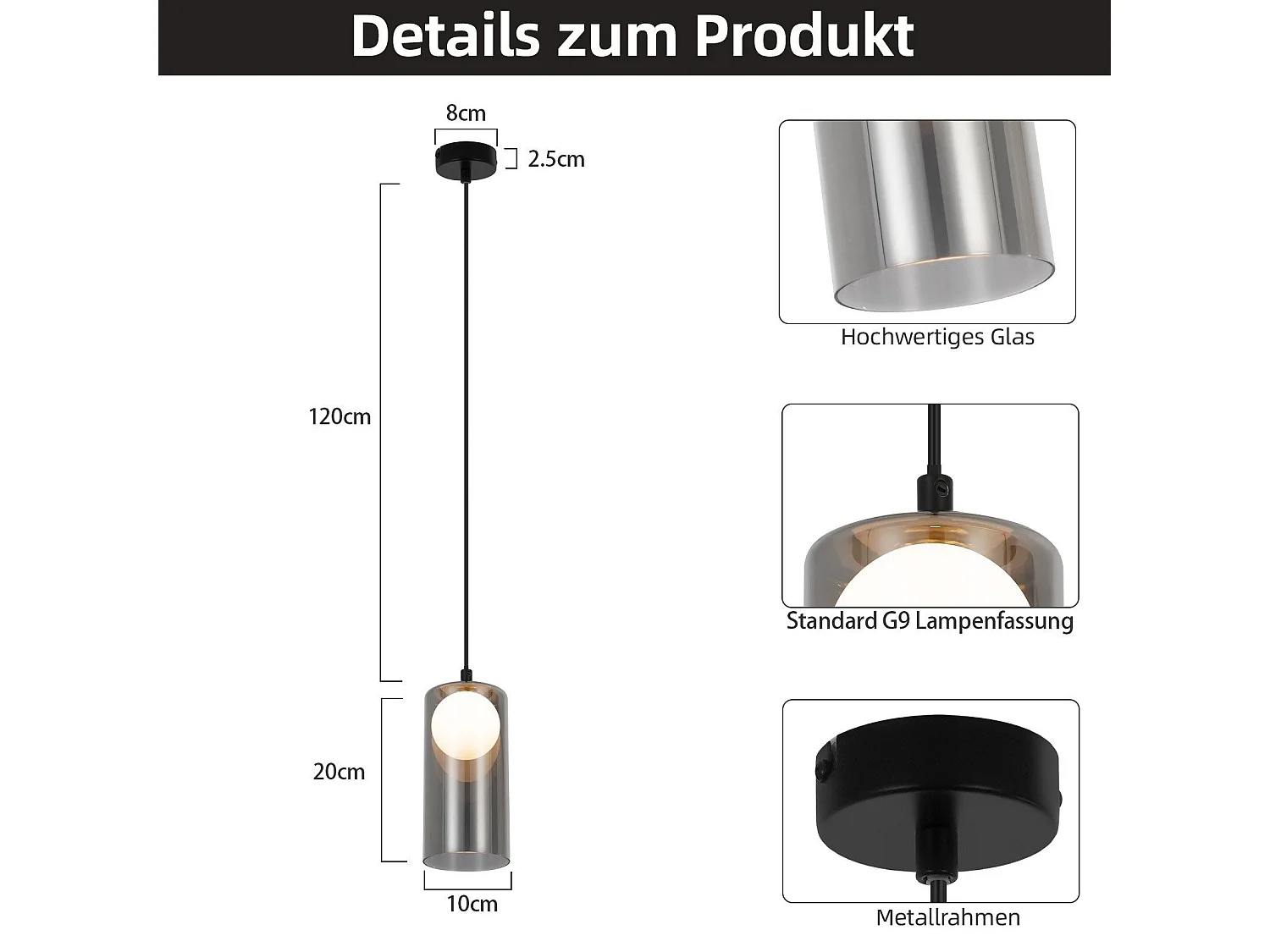 Lampe à Suspension  1er Vintage Pour Table à Manger, Gris Fumé, G9, Ovale, Hauteur Réglable, Pour Salon