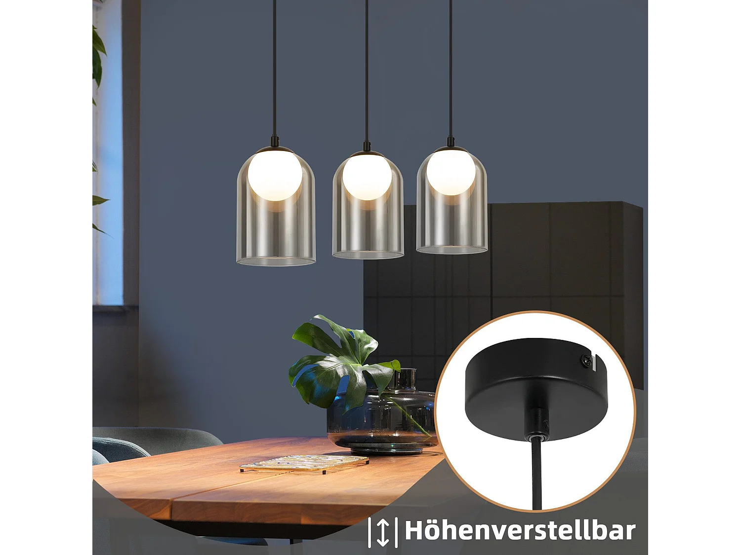 Pierwsza lampa wisząca Vintage do stołu jadalnego, przydymiona szarość G9, owalna, regulowana wysokość