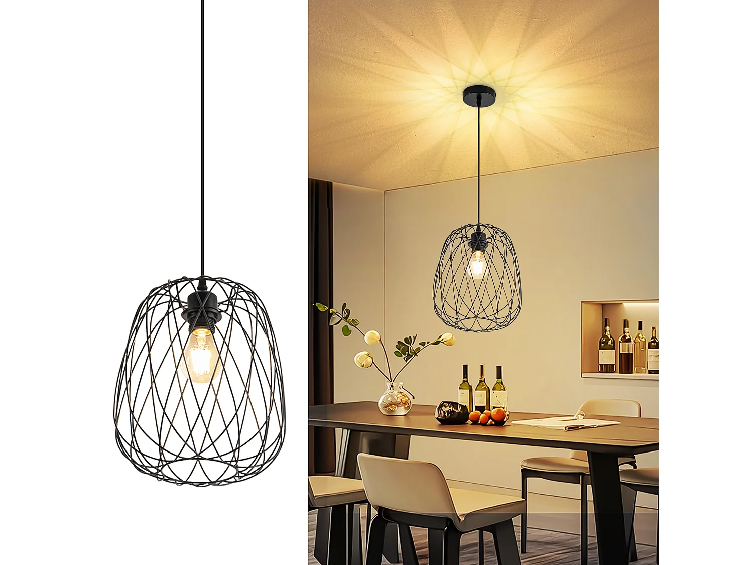 NETTLIFE Lampa wisząca do jadalni Lampa wisząca vintage - E27 Lampa wisząca sufitowa Czarna metalowa okrągła lampa wisząca