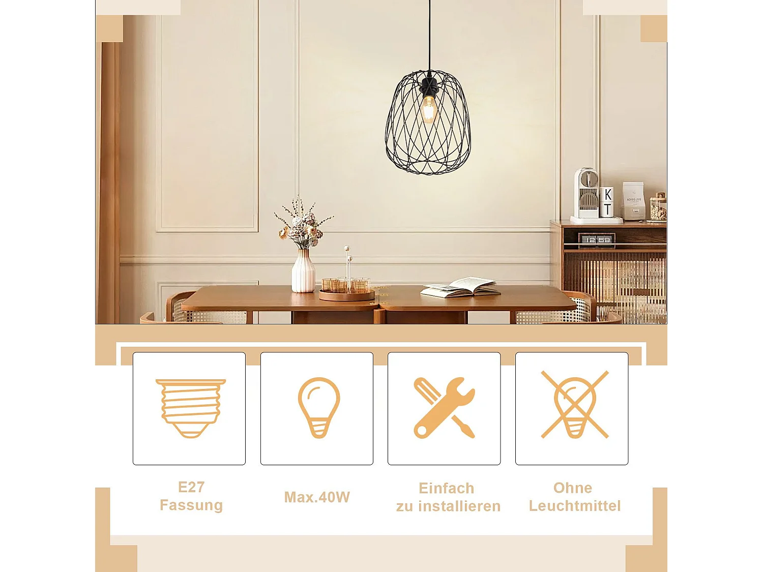 NETTLIFE Lampa wisząca do jadalni Lampa wisząca vintage - E27 Lampa wisząca sufitowa Czarna metalowa okrągła lampa wisząca