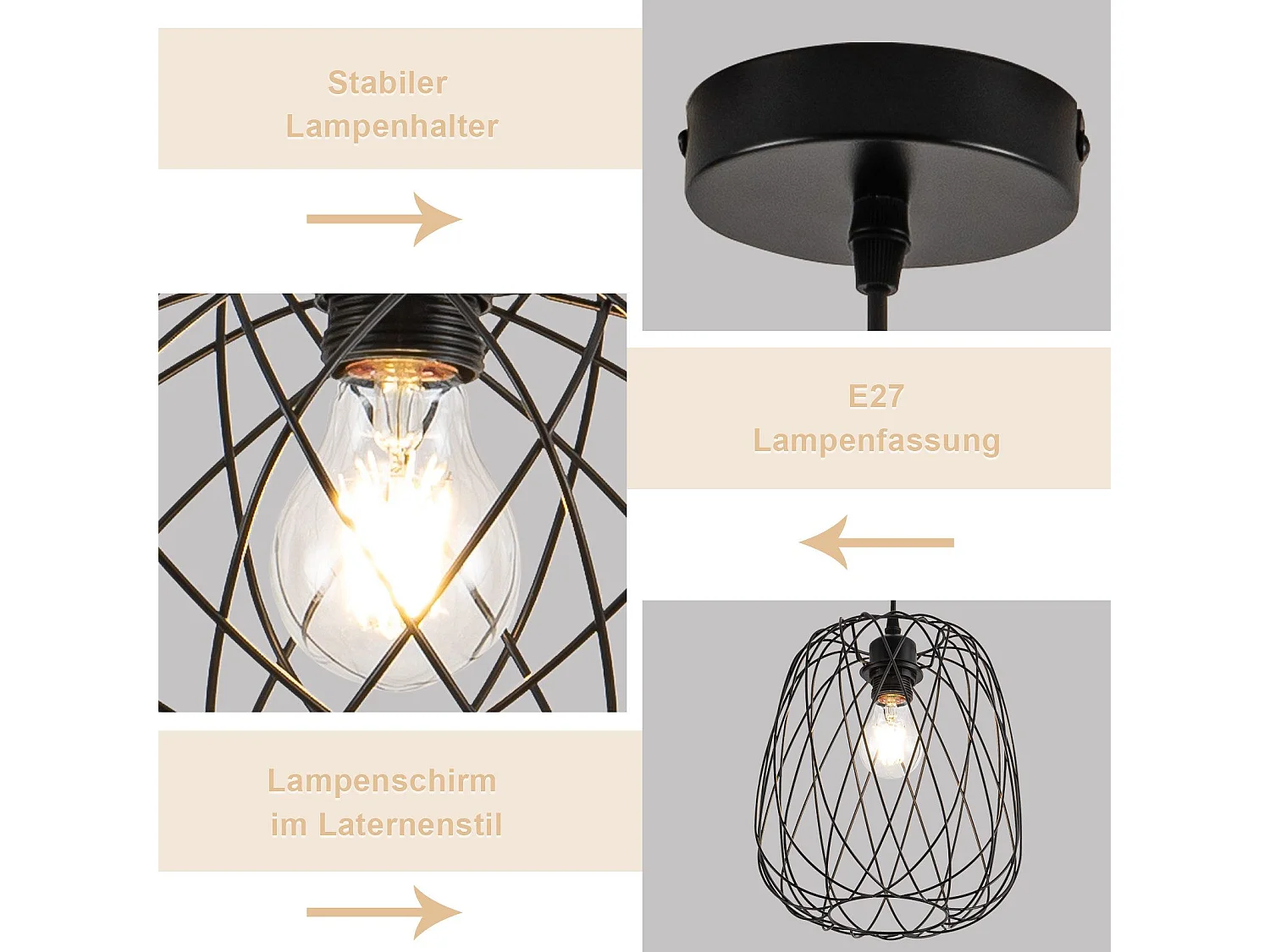 NETTLIFE Suspension Table à manger Suspension Vintage - Suspension E27 Plafonnier Suspension Métal Noir Ronde Suspension