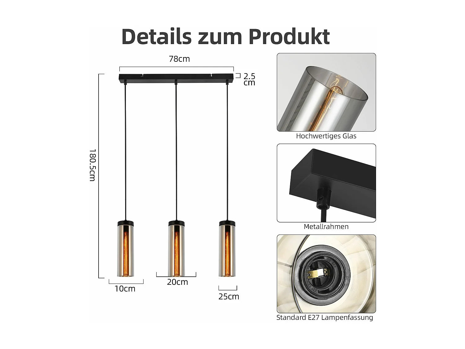 Retro matzwarte glazen eettafel hanglamp 3 vlammen E27
