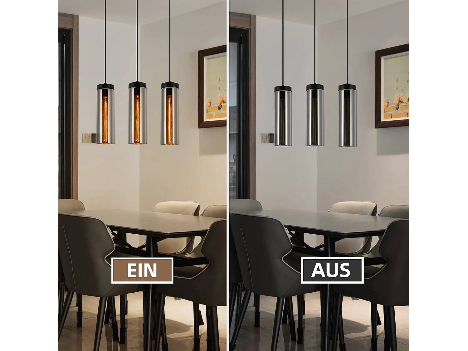 Retro matzwarte glazen eettafel hanglamp 3 vlammen E27