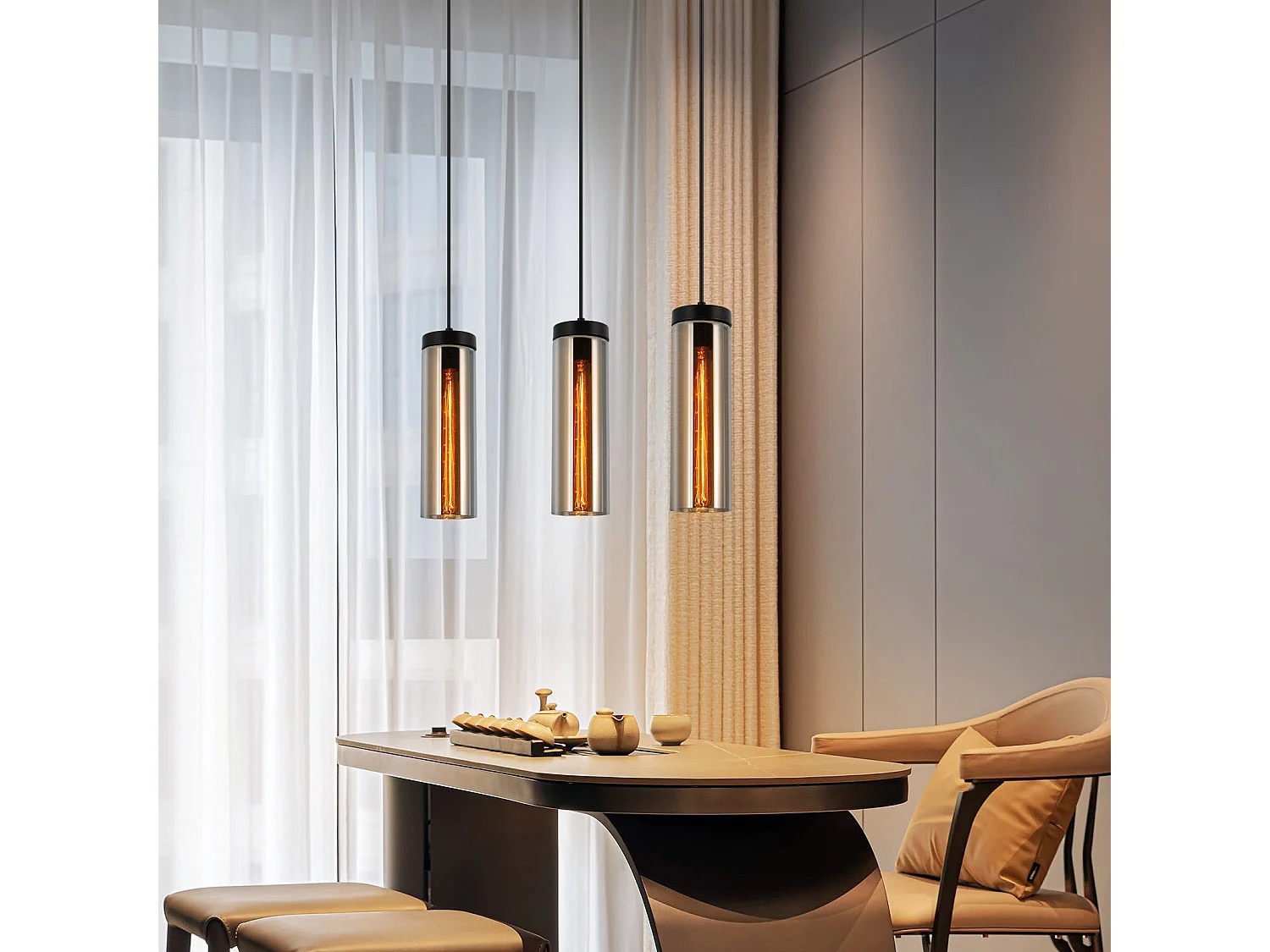 Lampe à Suspension Pour Table à Manger En Verre Noir Mat Rétro 3 Flammes E27