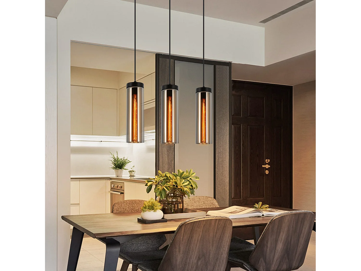 Lampe à Suspension Pour Table à Manger En Verre Noir Mat Rétro 3 Flammes E27