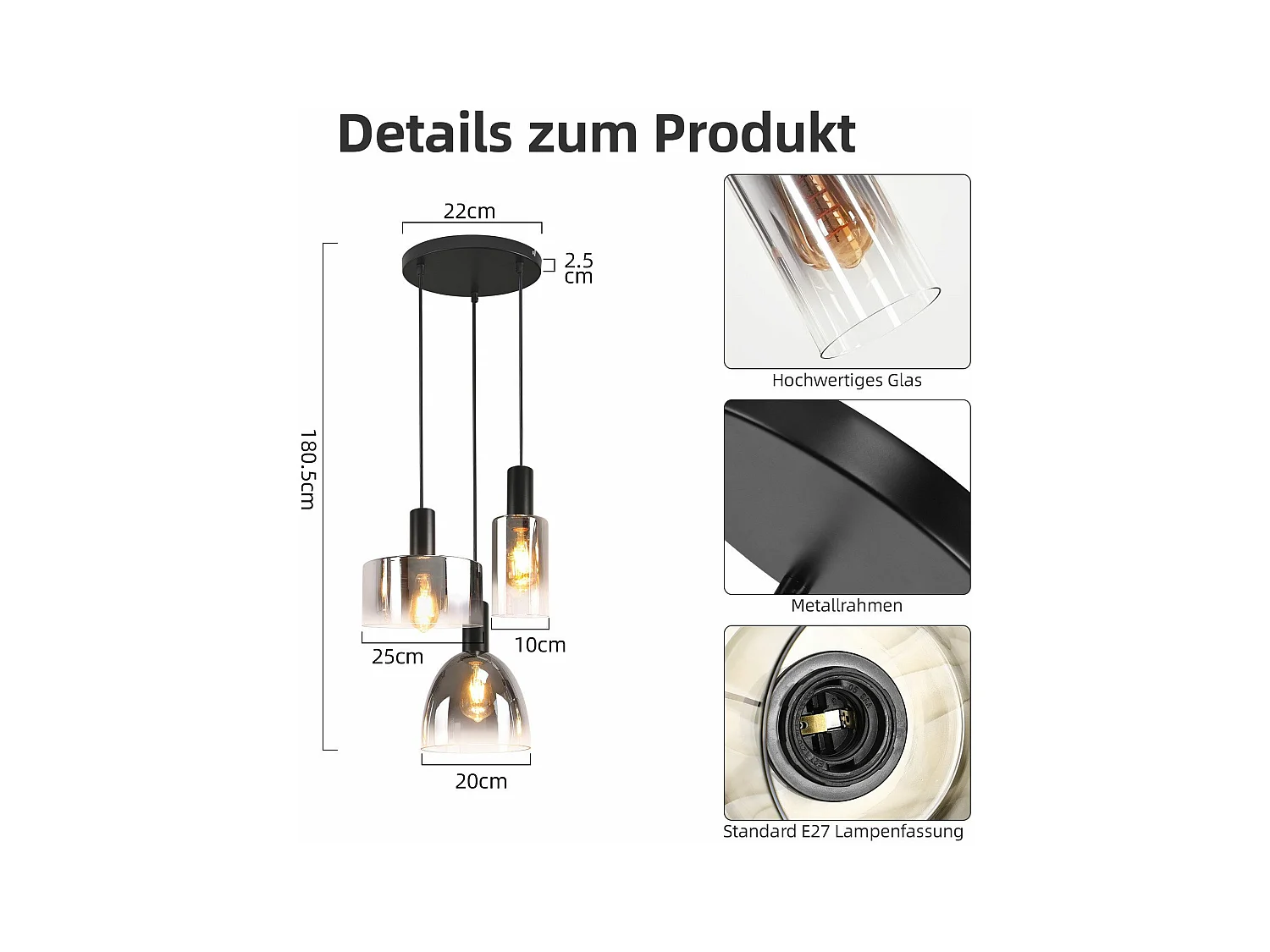 Lampe à Suspension Pour Table à Manger Vintage En Verre Gris Fumé E27 Réglable En Hauteur Pour Salon