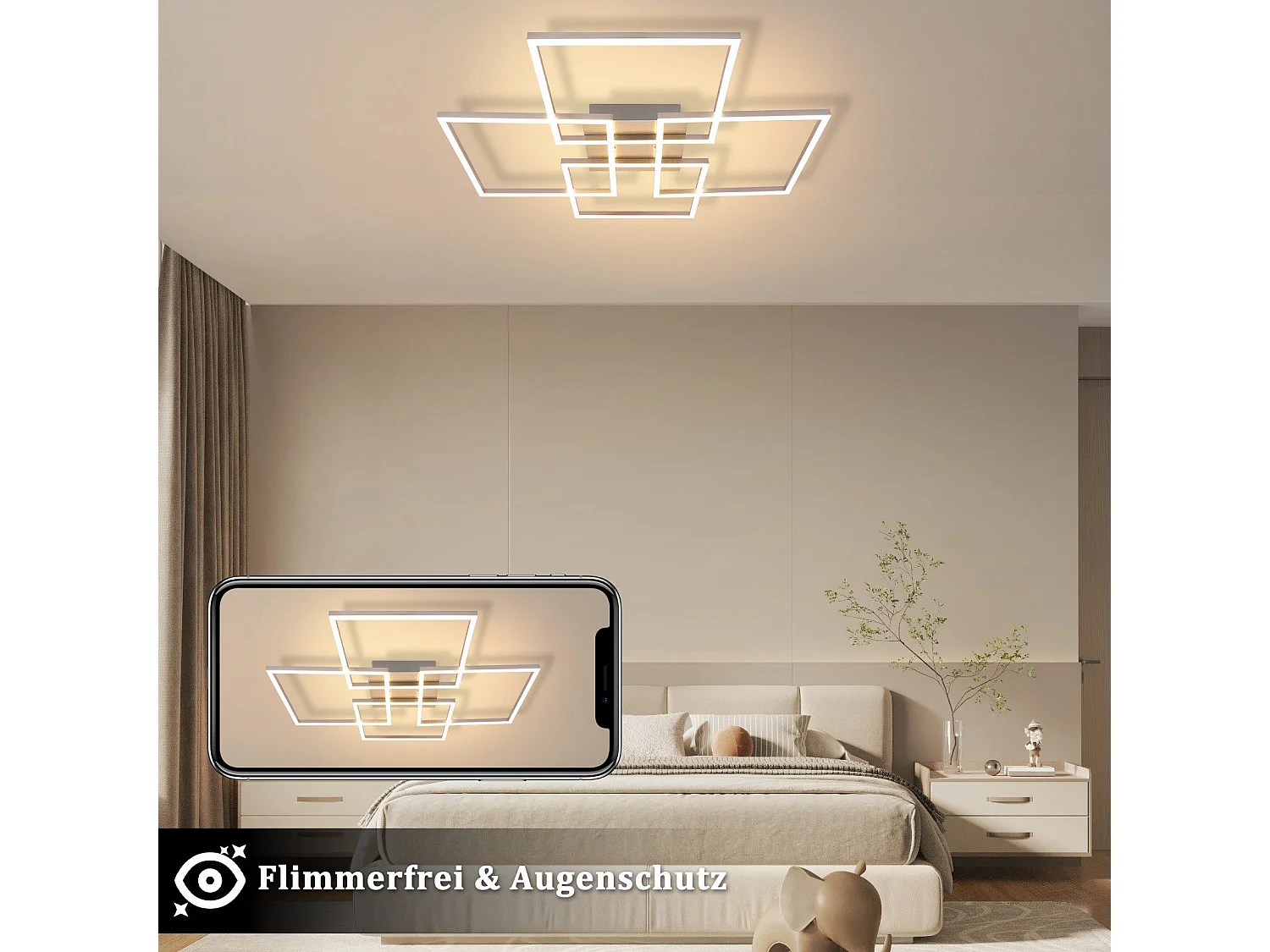 NETTLIFE Plafonnier LED Chambre Argent Dimmable 64CM 36W Géométrique Salon avec Télécommande