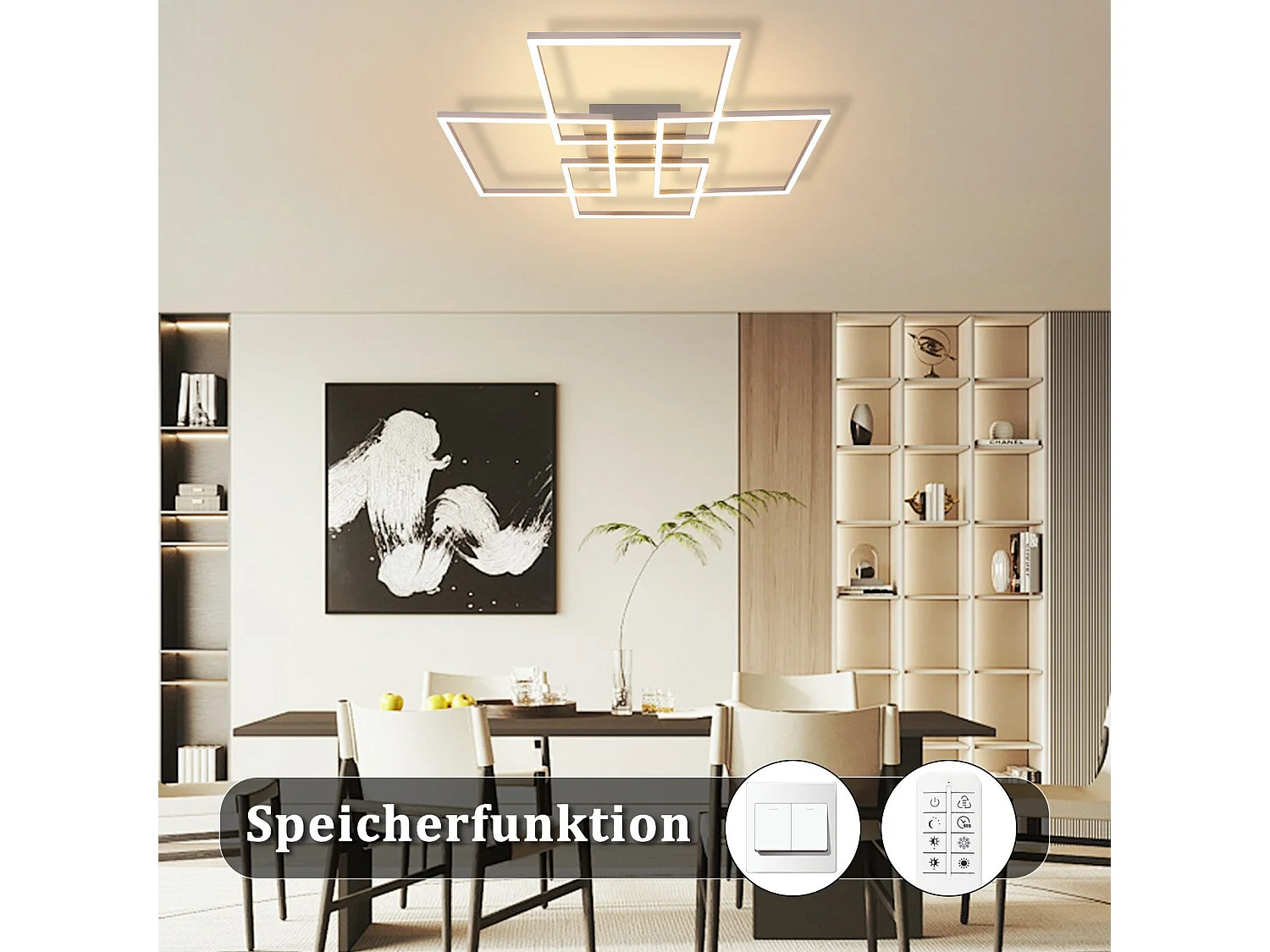 NETTLIFE Plafonnier LED Chambre Argent Dimmable 64CM 36W Géométrique Salon avec Télécommande