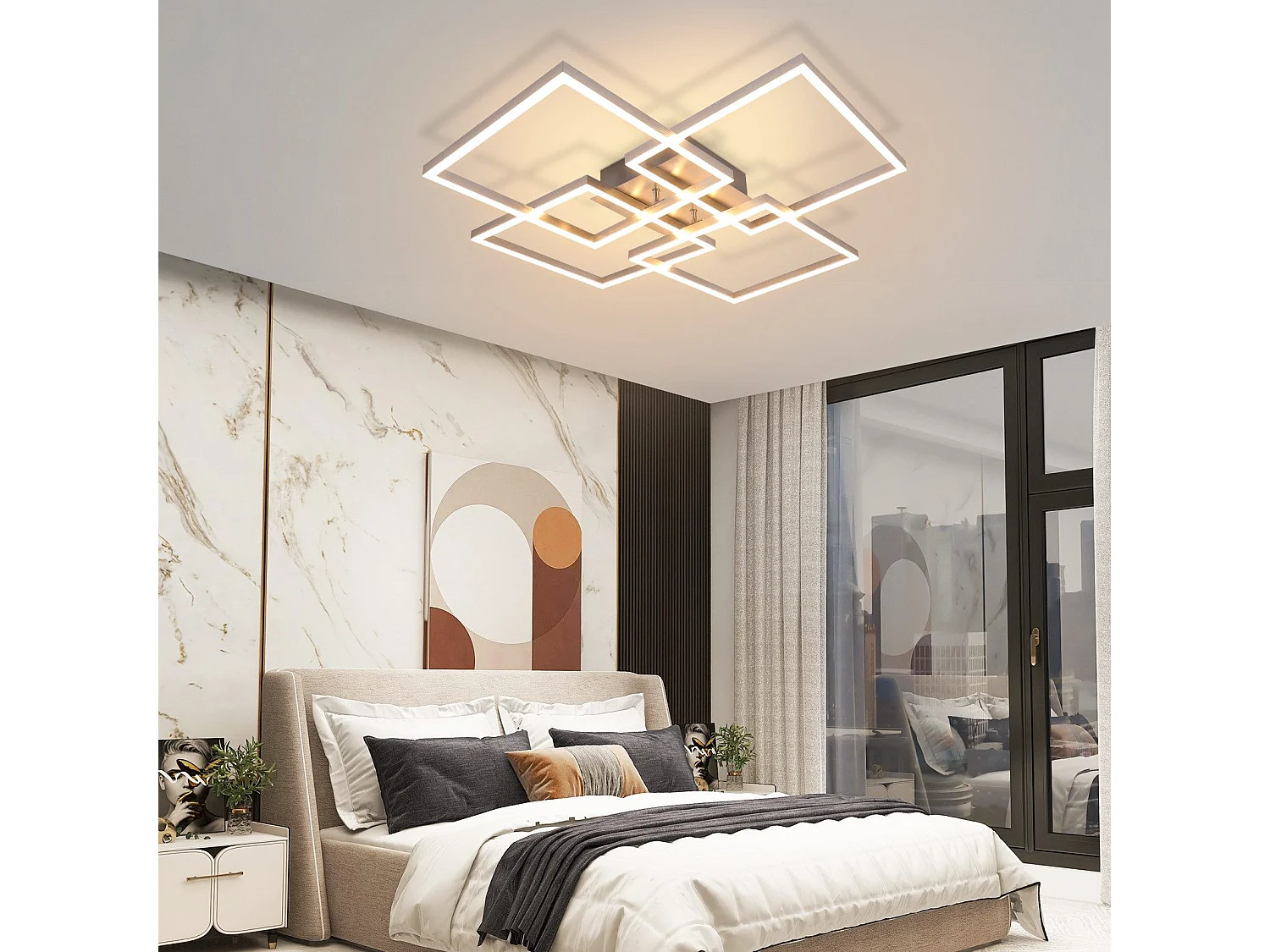 NETTLIFE Plafonnier LED Chambre Argent Dimmable 64CM 36W Géométrique Salon avec Télécommande