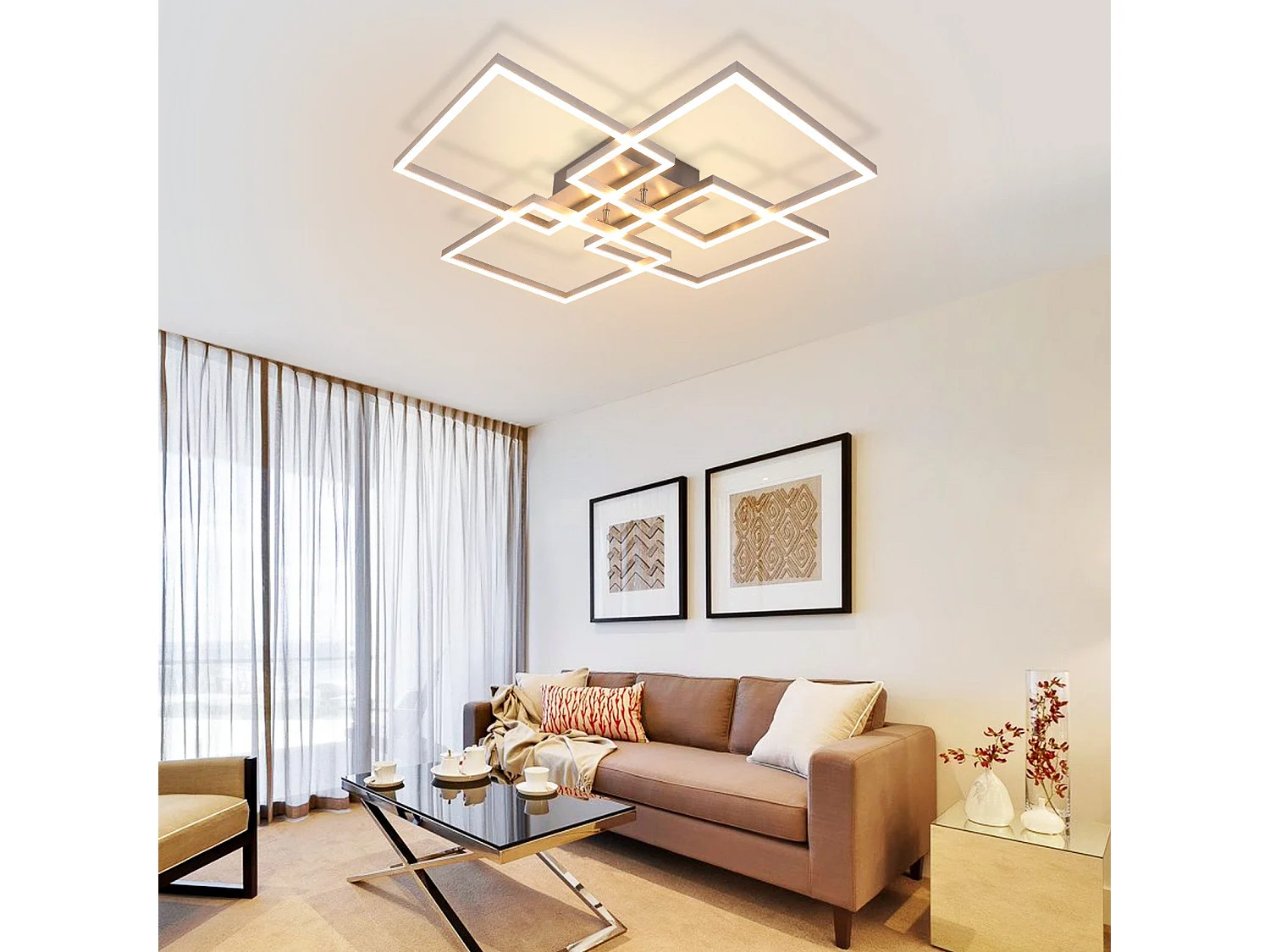 NETTLIFE Plafonnier LED Chambre Argent Dimmable 64CM 36W Géométrique Salon avec Télécommande