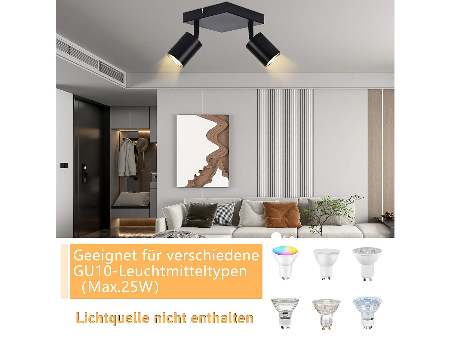 NETTLIFE Plafondspot Woonkamer 2 Lampen Zwart GU10 Draaibare Plafondlamp Moderne Binnenspot voor Slaapkamer Keuken