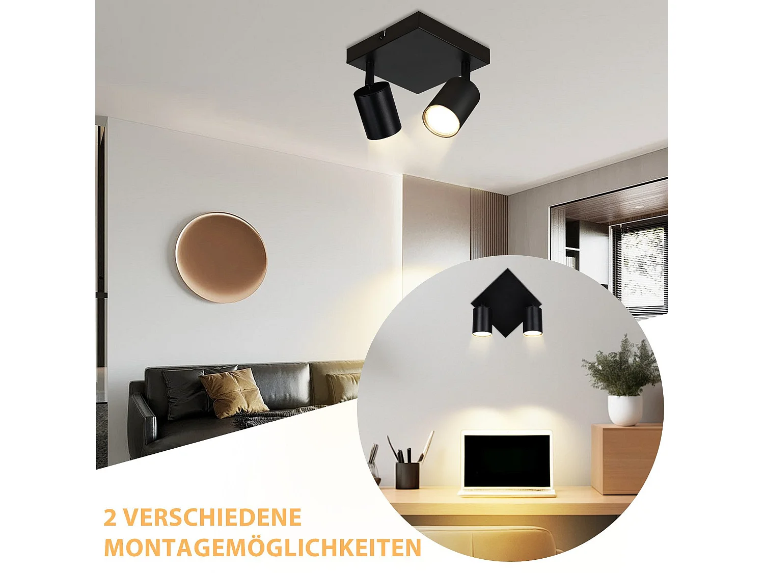 NETTLIFE Spot de plafond salon 2 ampoules noir GU10 plafonnier pivotant spot intérieur moderne pour chambre cuisine