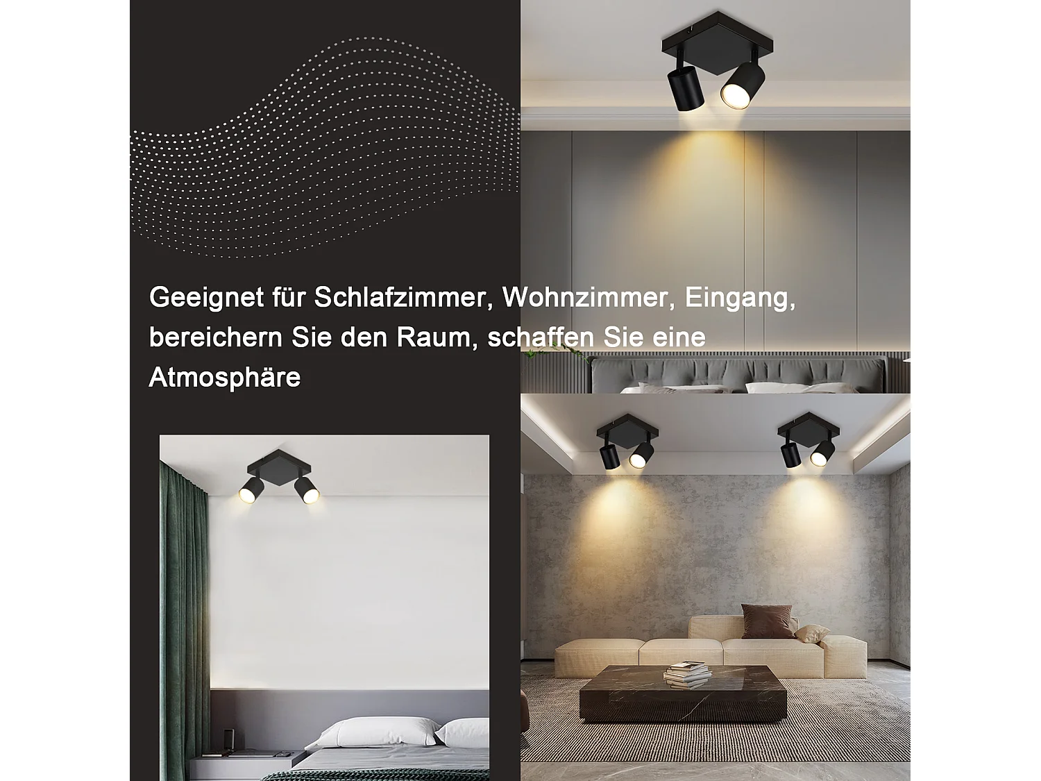 NETTLIFE Spot de plafond salon 2 ampoules noir GU10 plafonnier pivotant spot intérieur moderne pour chambre cuisine