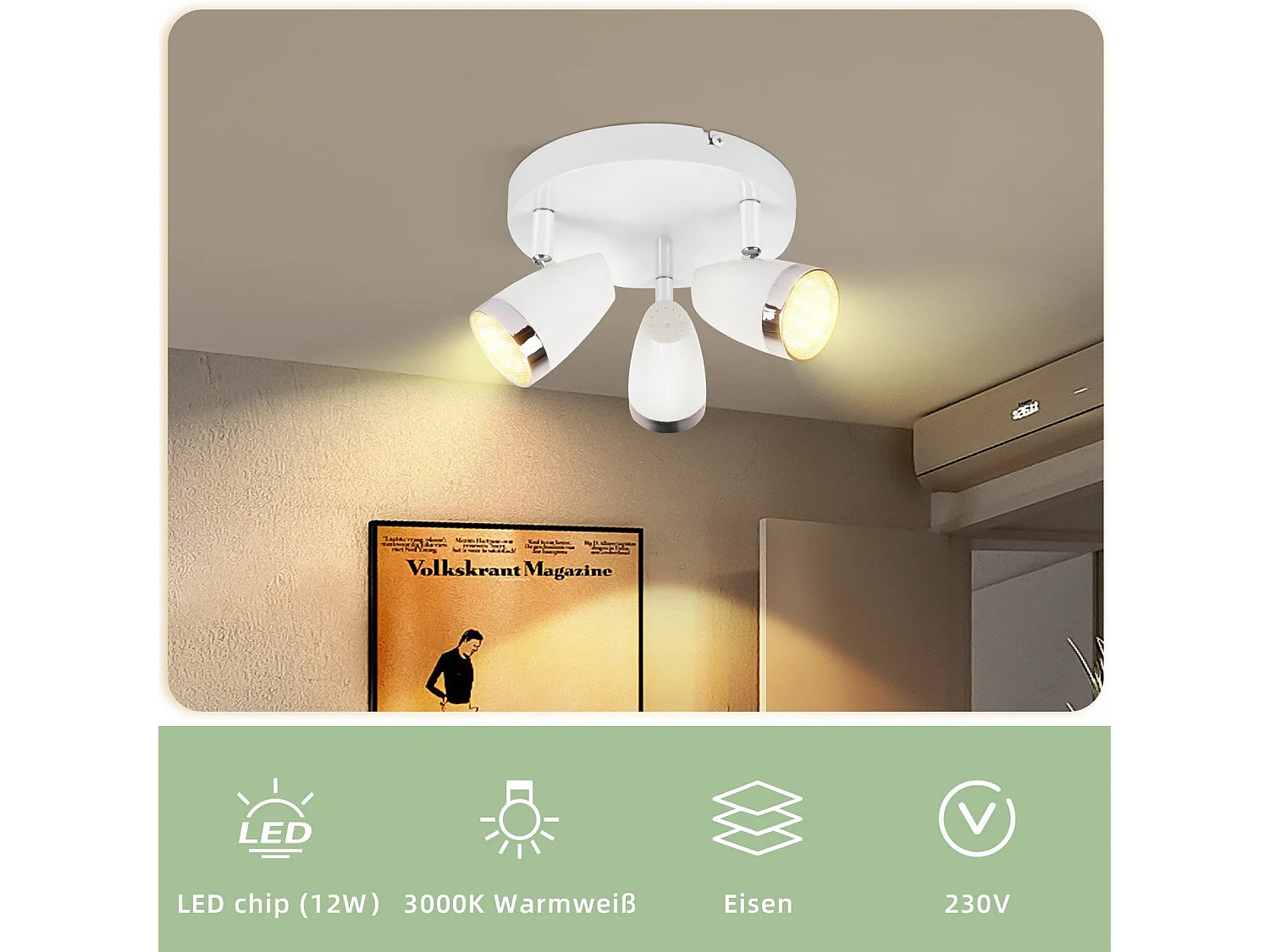 NETTLIFE Spot de plafond LED 3 ampoules moderne 4W blanc blanc chaud 3000K