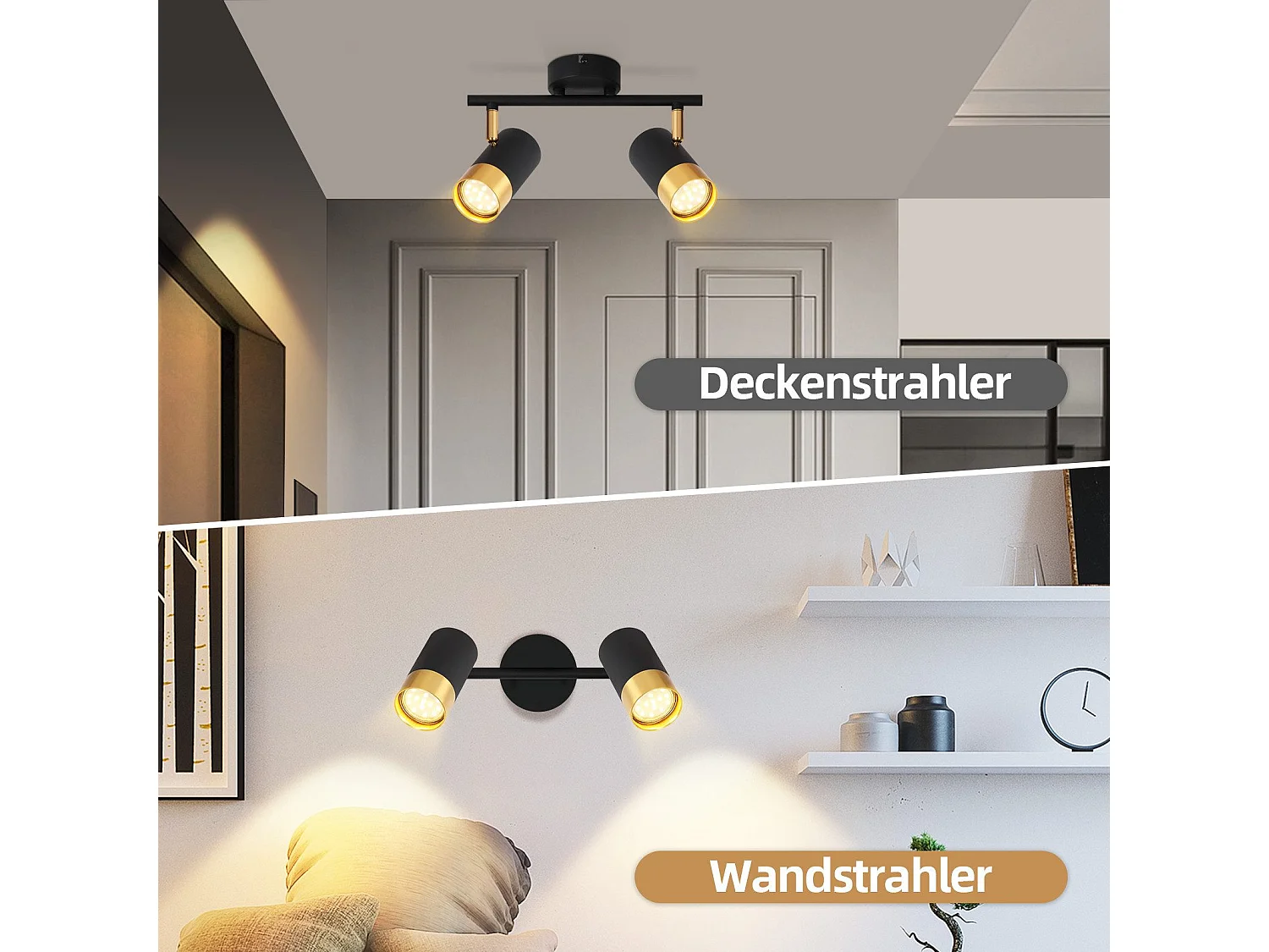 NETTLIFE Spot de plafond GU10 lampe de couloir noir or spot vintage rotatif à 350° pour salon chambre cuisine