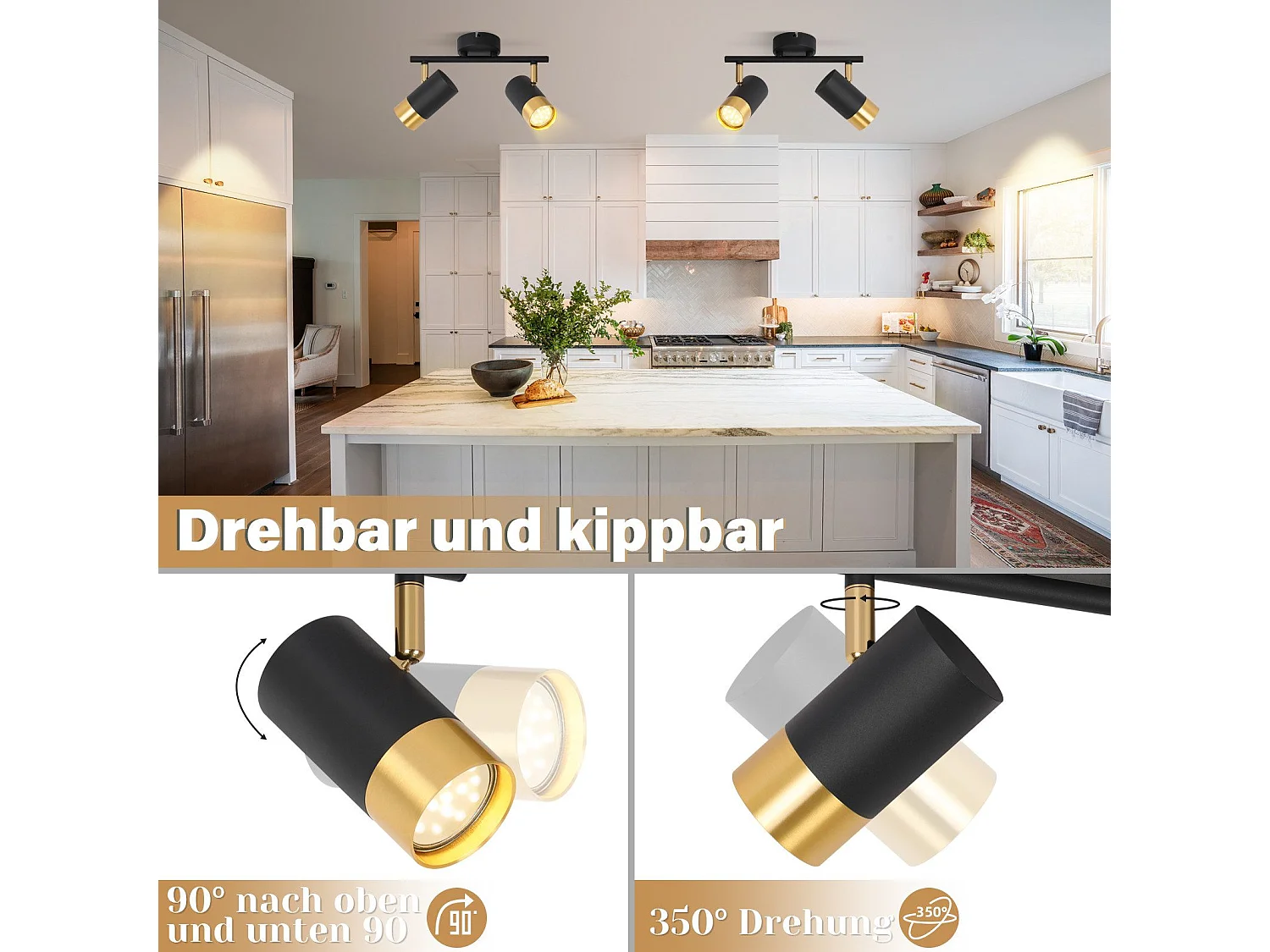 NETTLIFE GU10 Reflektor sufitowy Lampa do korytarza Czarny Złoty Vintage Reflektor 350° Obrotowy do salonu Sypialni Kuchni