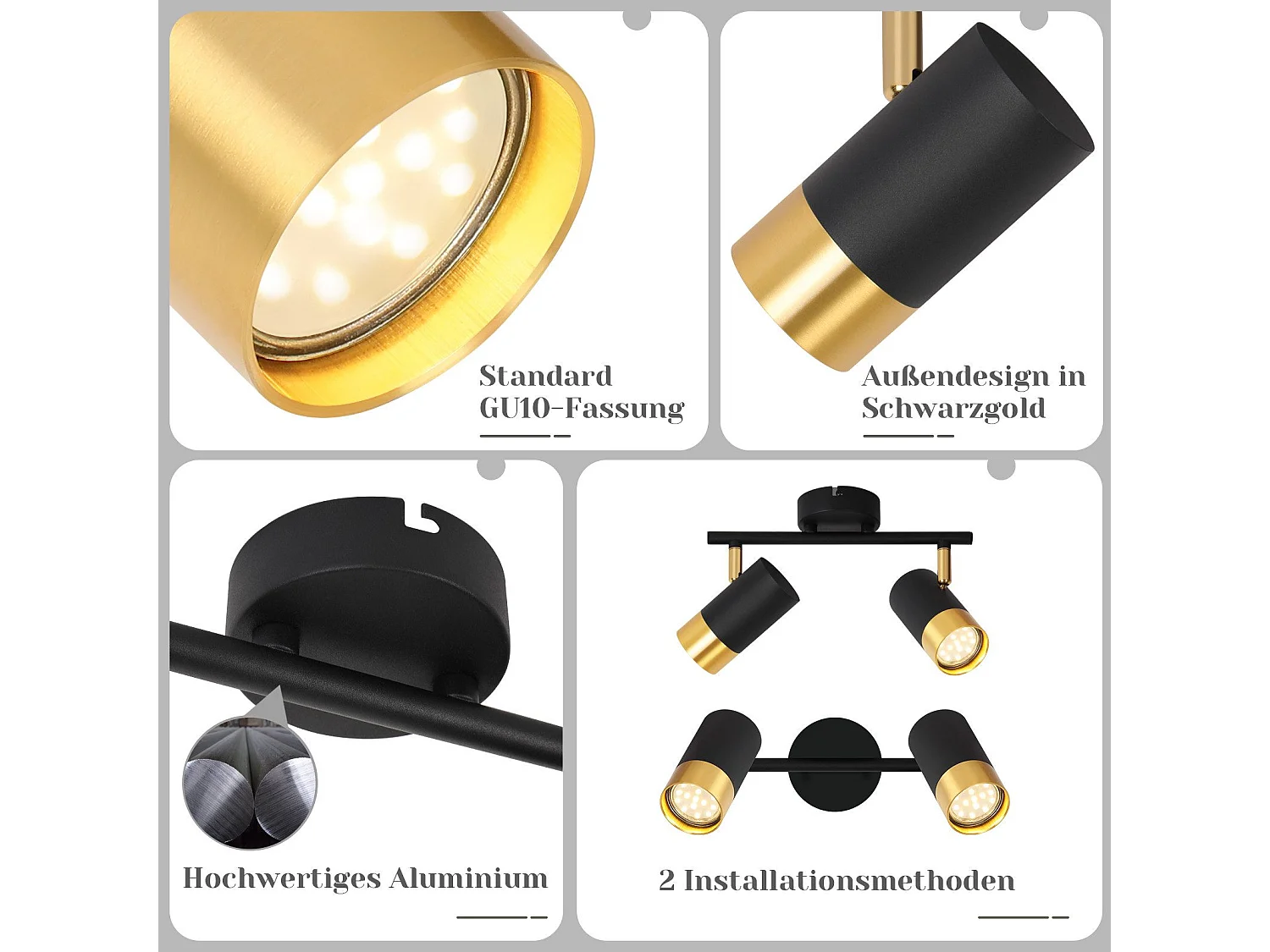 NETTLIFE Spot de plafond GU10 lampe de couloir noir or spot vintage rotatif à 350° pour salon chambre cuisine