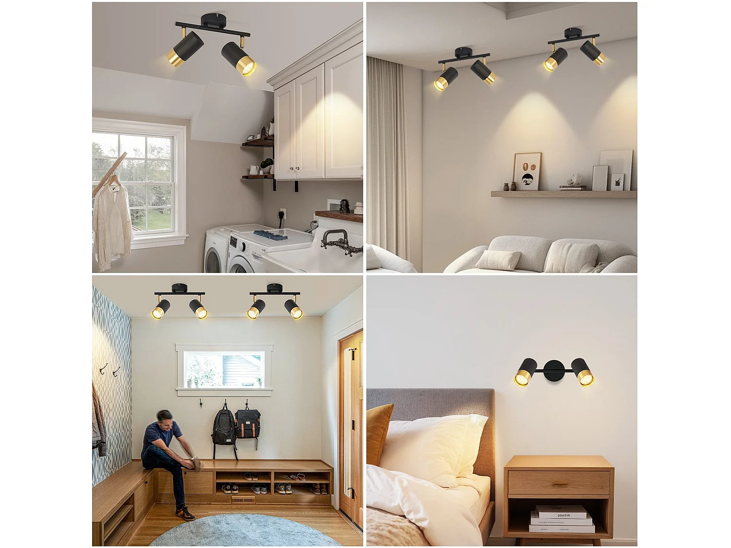 NETTLIFE Spot de plafond GU10 lampe de couloir noir or spot vintage rotatif à 350° pour salon chambre cuisine