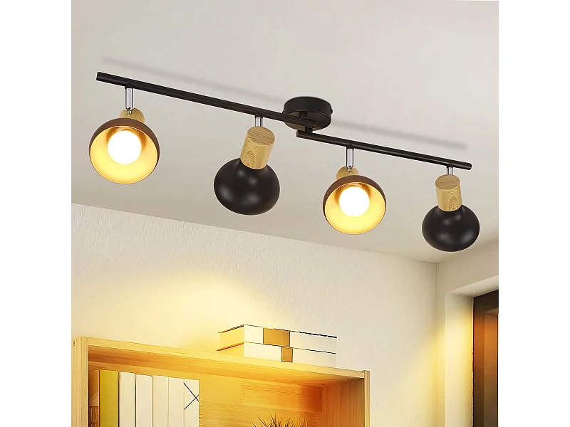 NETTLIFE Spot de plafond vintage E14 intérieur 350° orientable noir Pivotant 350° Industriel 4 flammes rond