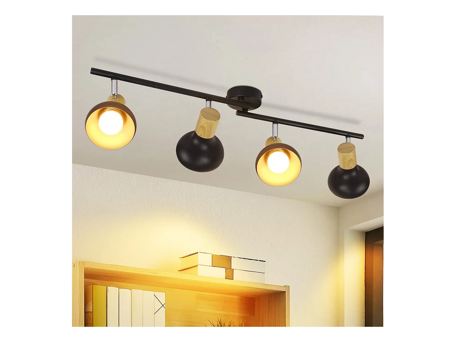 NETTLIFE Spot de plafond vintage E14 intérieur 350° orientable noir Pivotant 350° Industriel 4 flammes rond