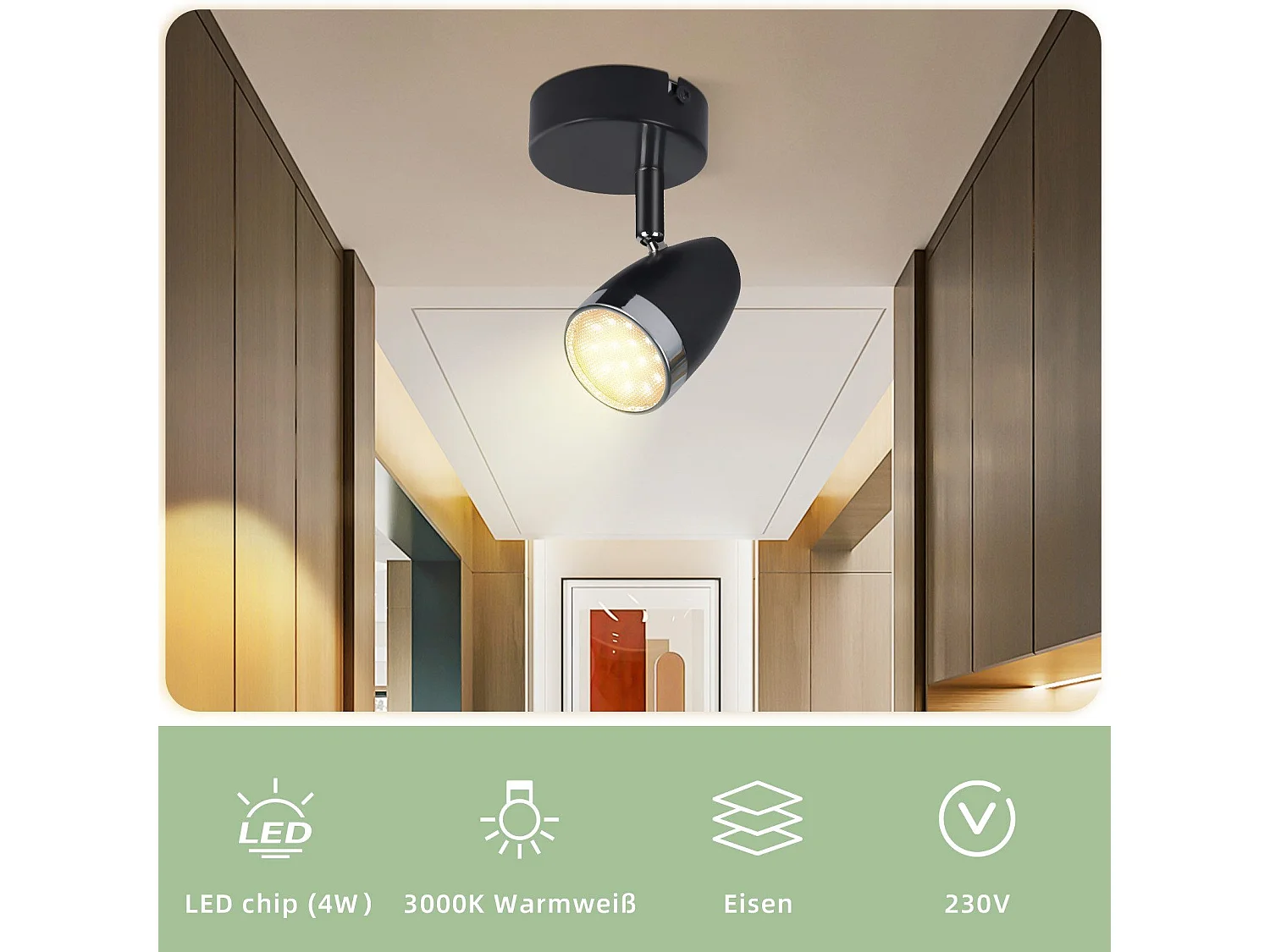 NETTLIFE Spot LED Plafond 1 Ampoule Moderne 4W Noir Blanc Chaud 3000K Orientable 350°